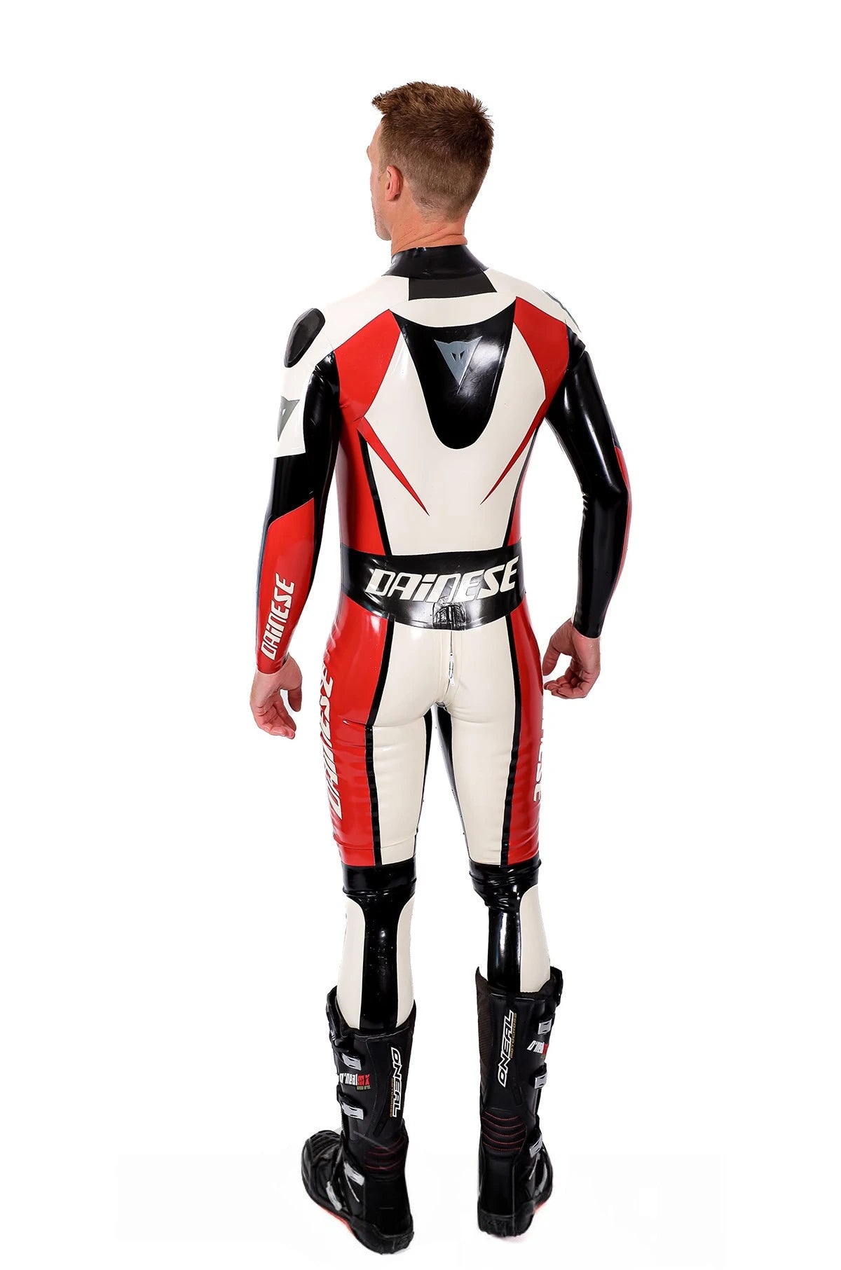 Pure White Male Logo Branded Motorcycle Latex Suit