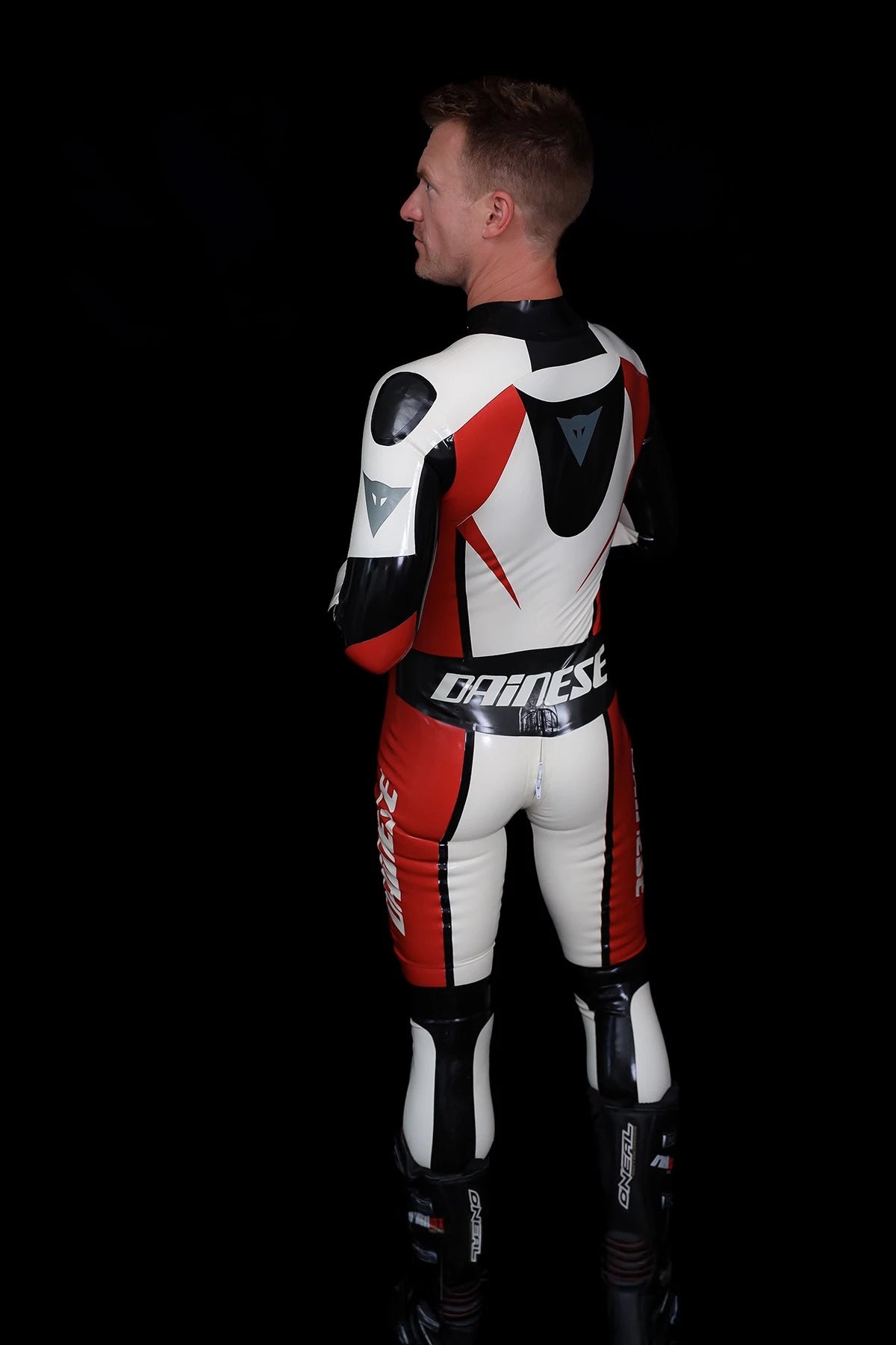 Pure White Male Logo Branded Motorcycle Latex Suit
