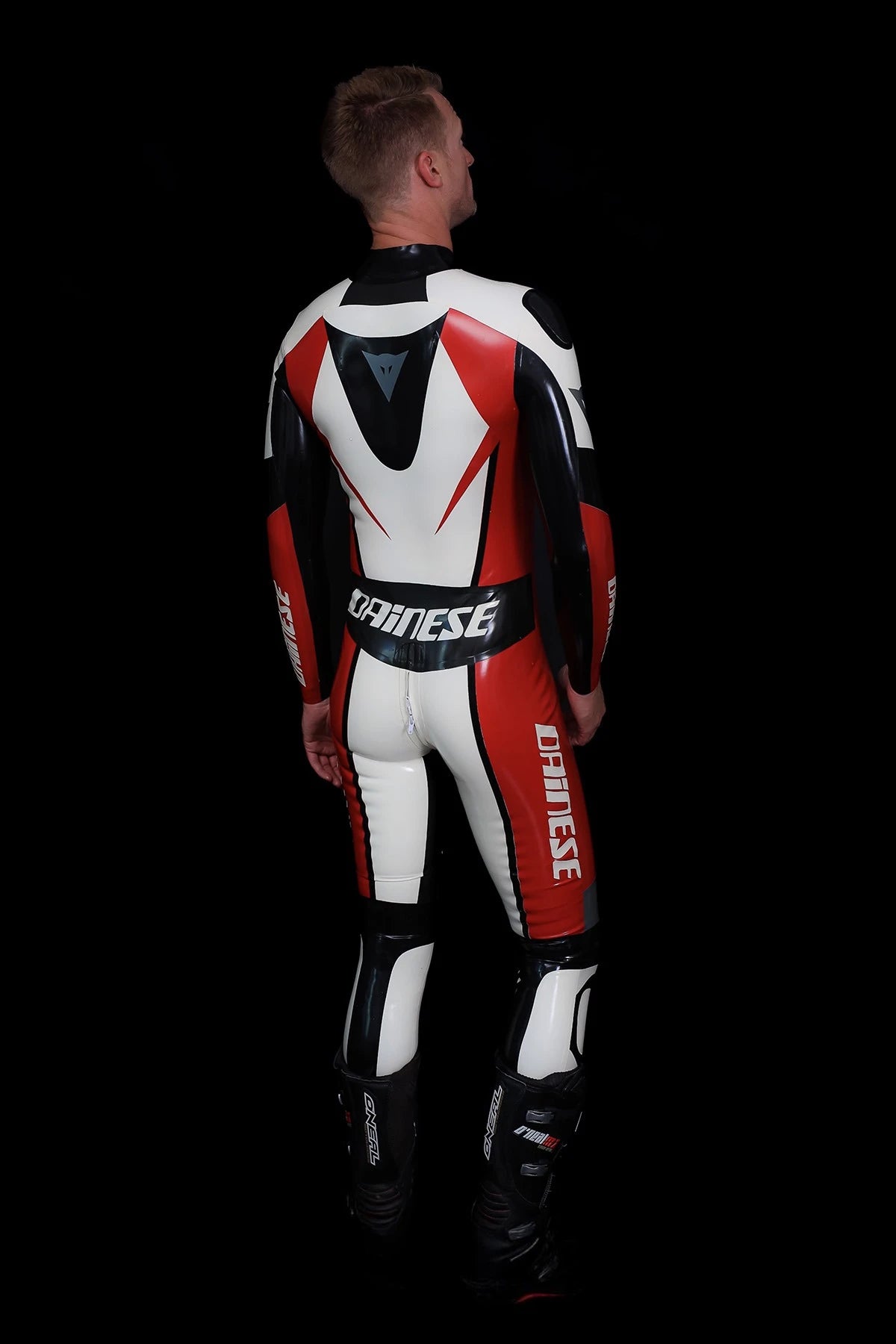 Pure White Male Logo Branded Motorcycle Latex Suit