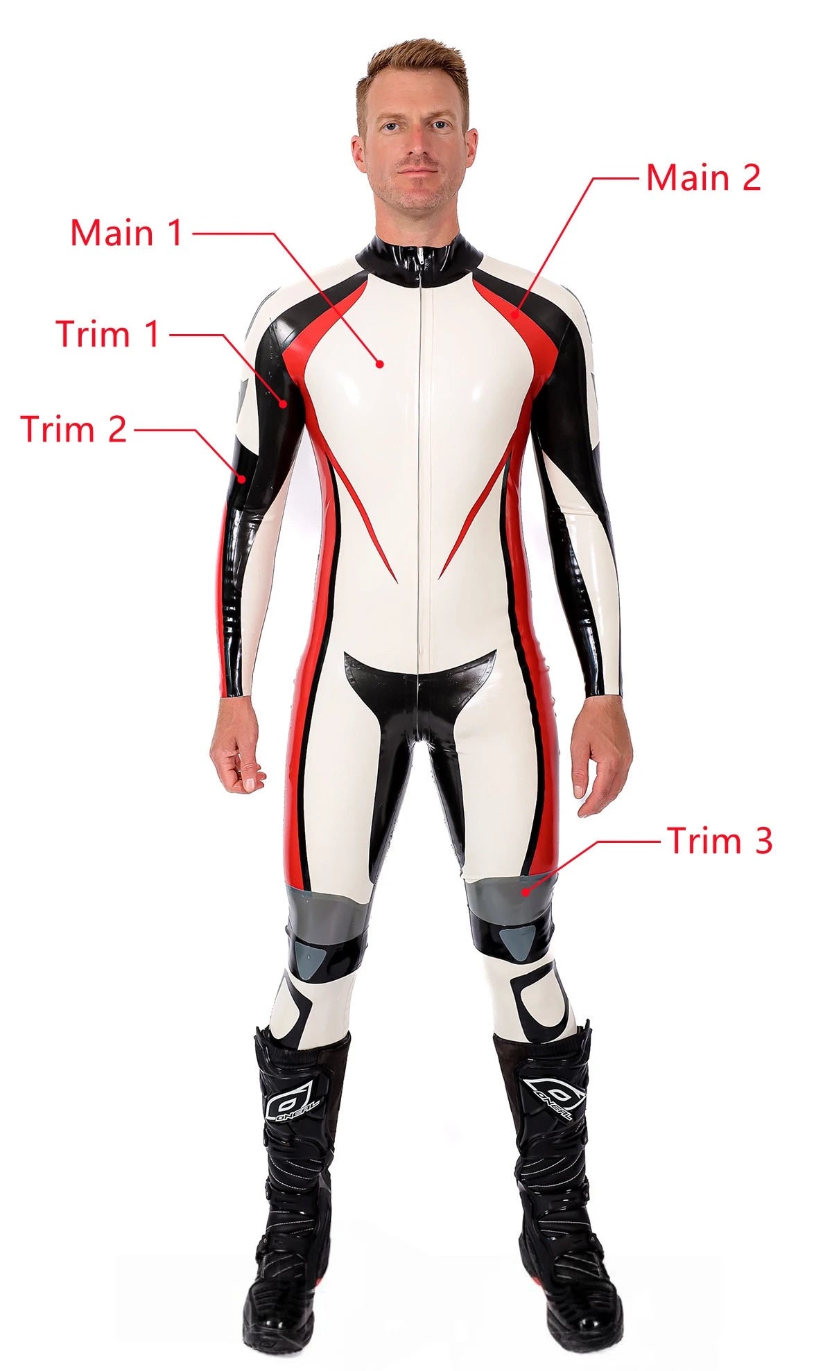Pure White Male Logo Branded Motorcycle Latex Suit