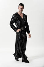 Black Male 'Midnight Cavalier' Hooded Long Latex Coat