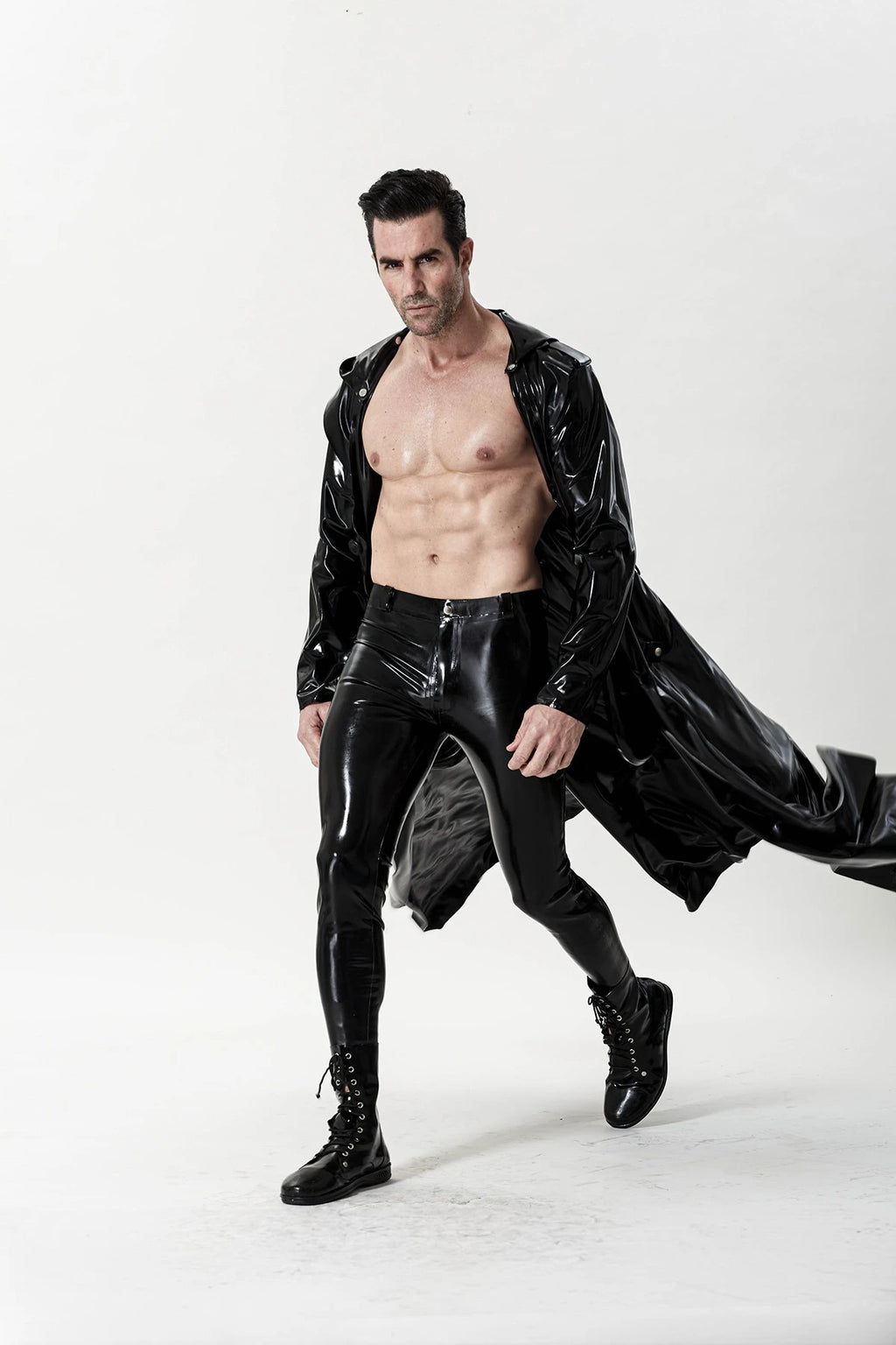 Black Male 'Midnight Cavalier' Hooded Long Latex Coat