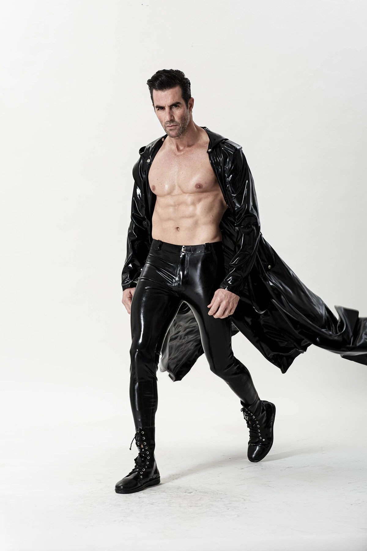Black Male 'Midnight Cavalier' Hooded Long Latex Coat