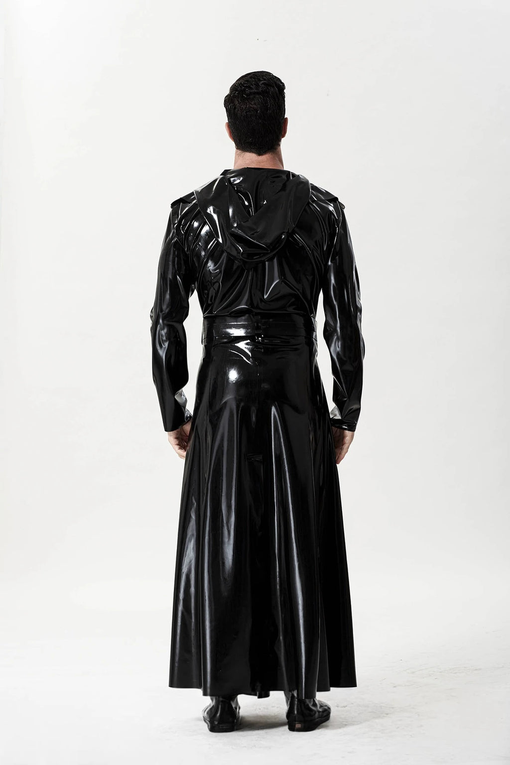 Black Male 'Midnight Cavalier' Hooded Long Latex Coat