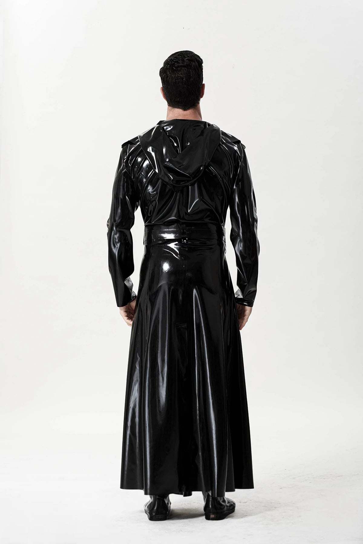 Black Male 'Midnight Cavalier' Hooded Long Latex Coat