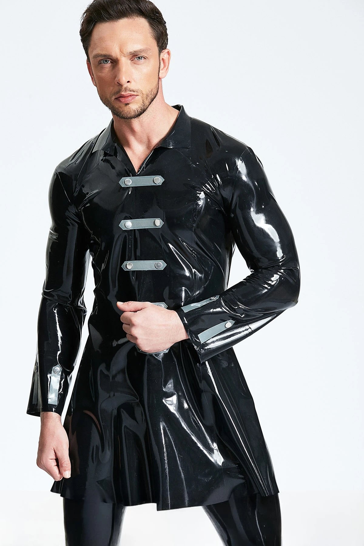 Black Male Military Three-Quarter Latex Coat