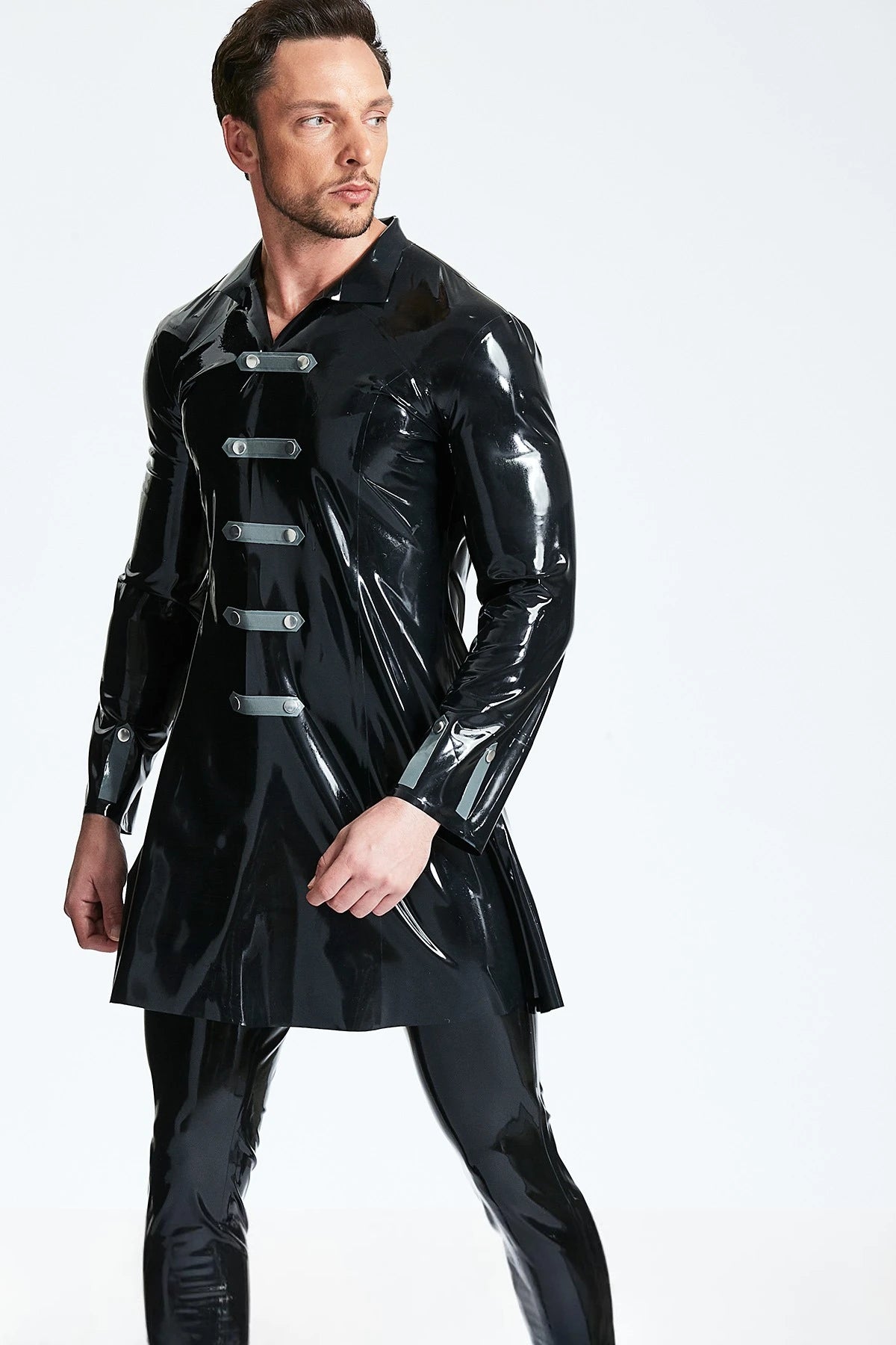 Black Male Military Three-Quarter Latex Coat
