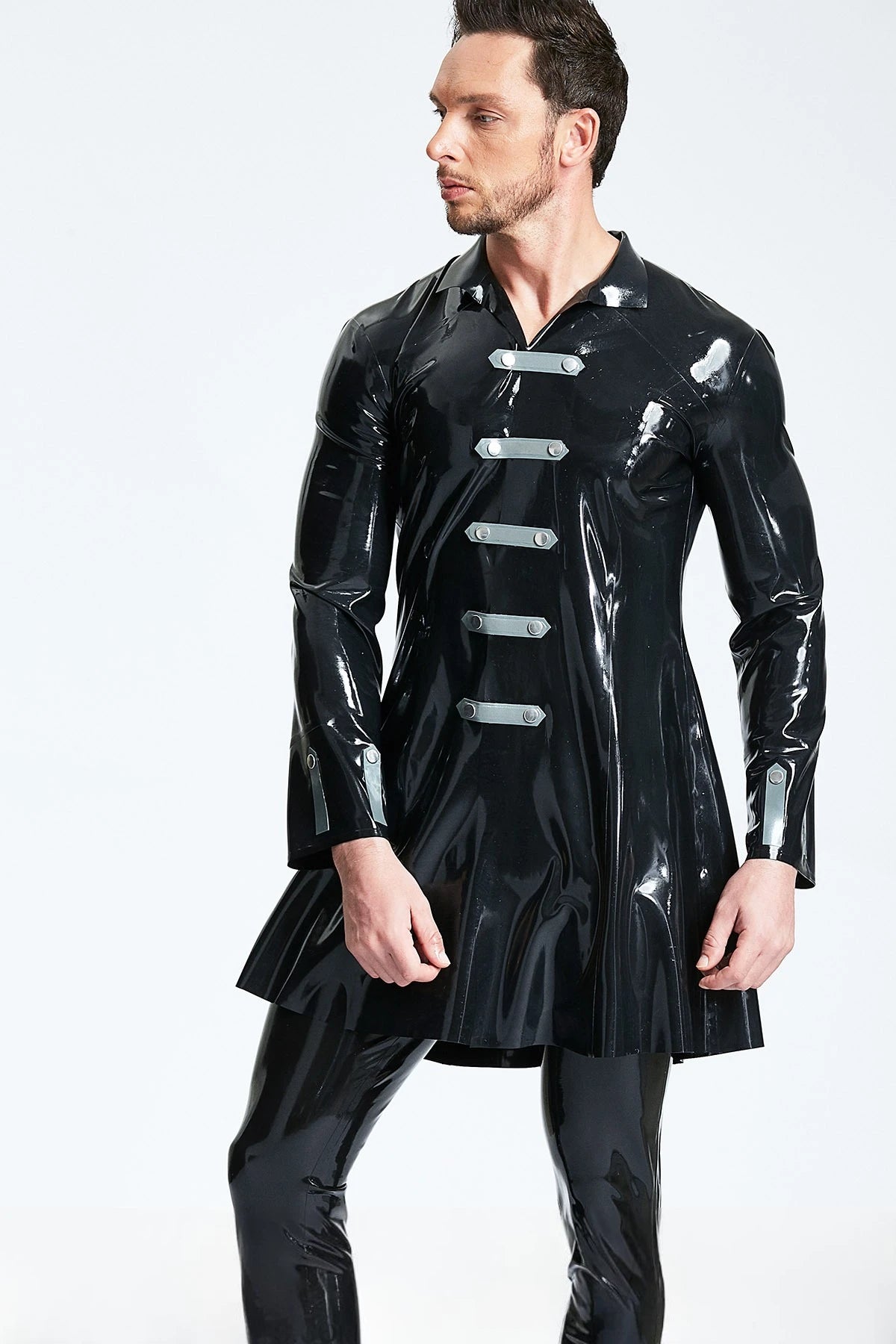 Black Male Military Three-Quarter Latex Coat
