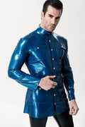 Metallic Blue Male Military Tunic Latex Jacket