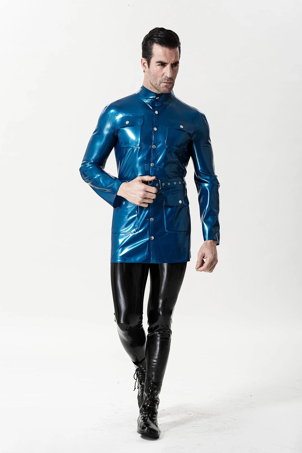 Metallic Blue Male Military Tunic Latex Jacket