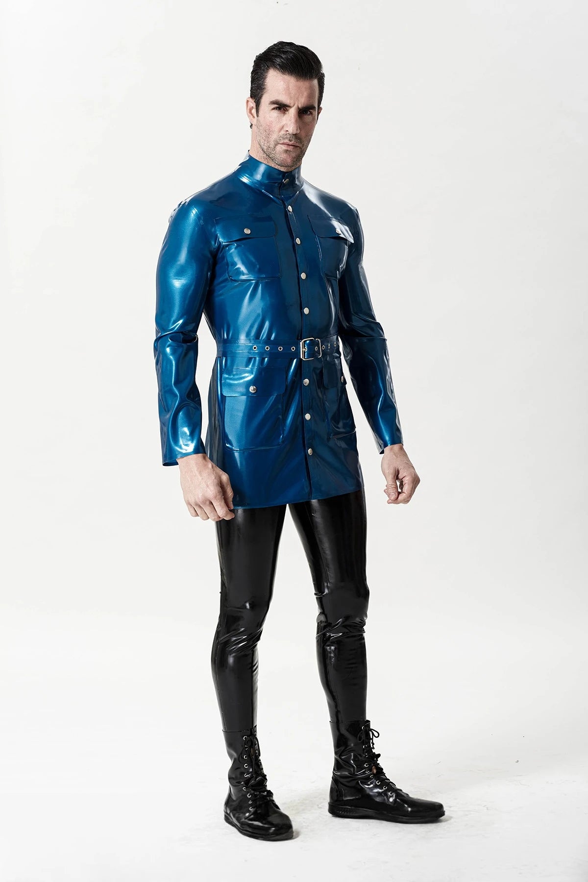 Metallic Blue Male Military Tunic Latex Jacket