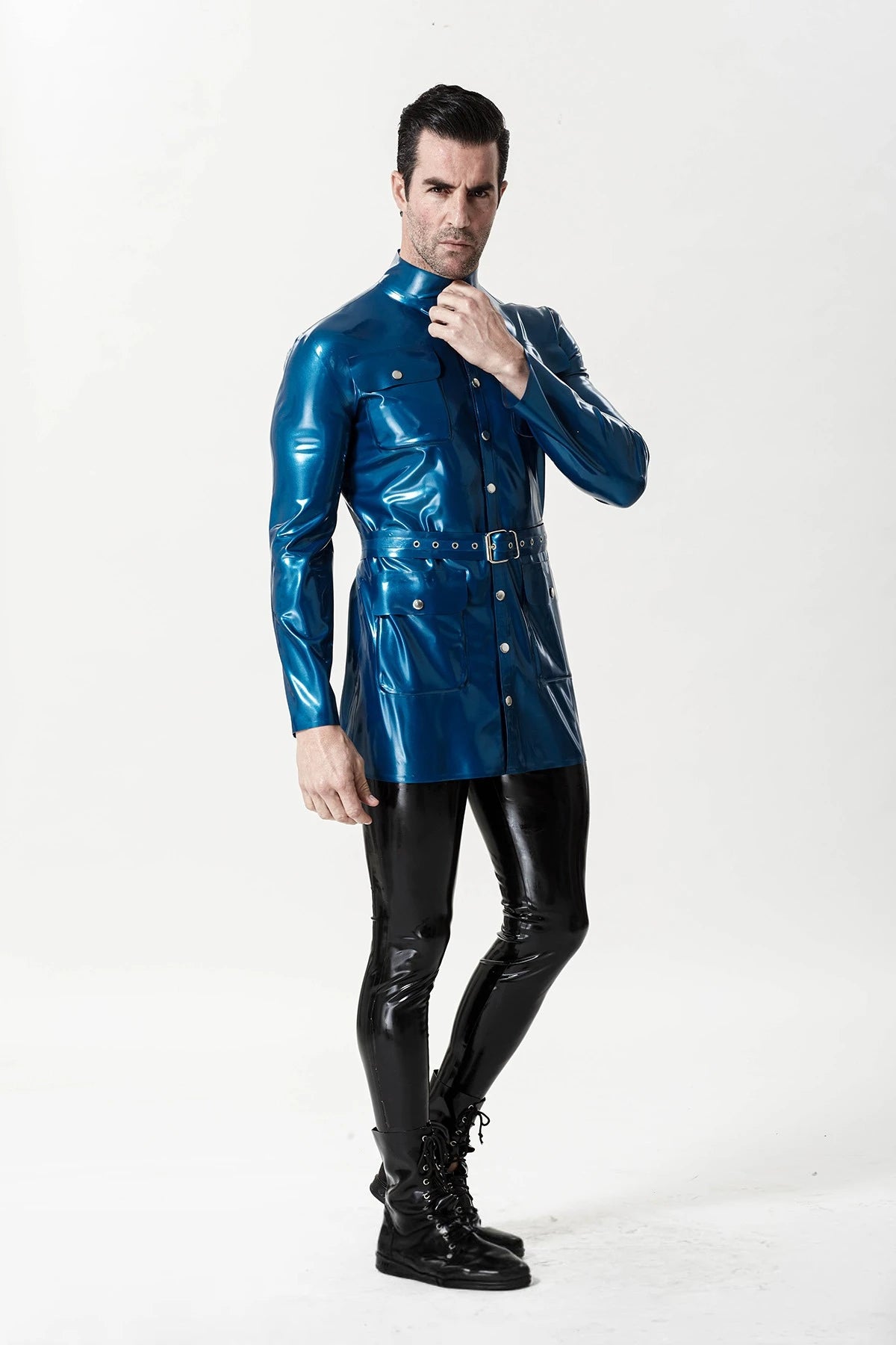 Metallic Blue Male Military Tunic Latex Jacket