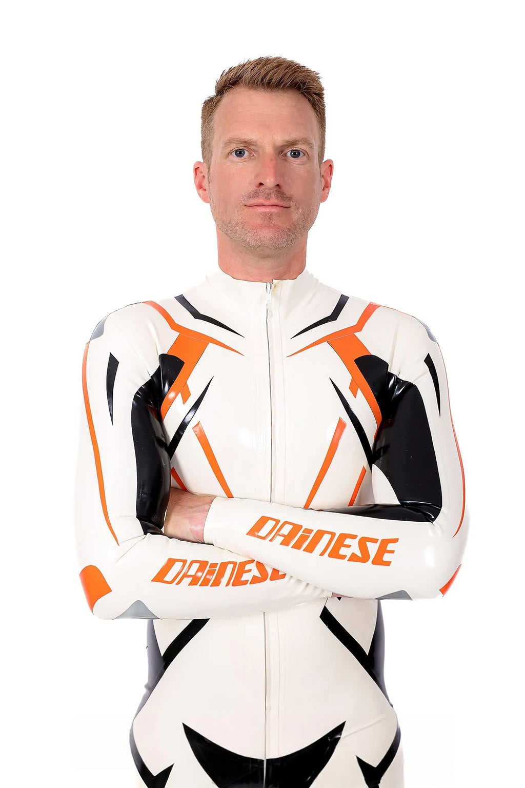 Pure White Male 'MotoGP Circuit' Branded Motorcycle Latex Suit