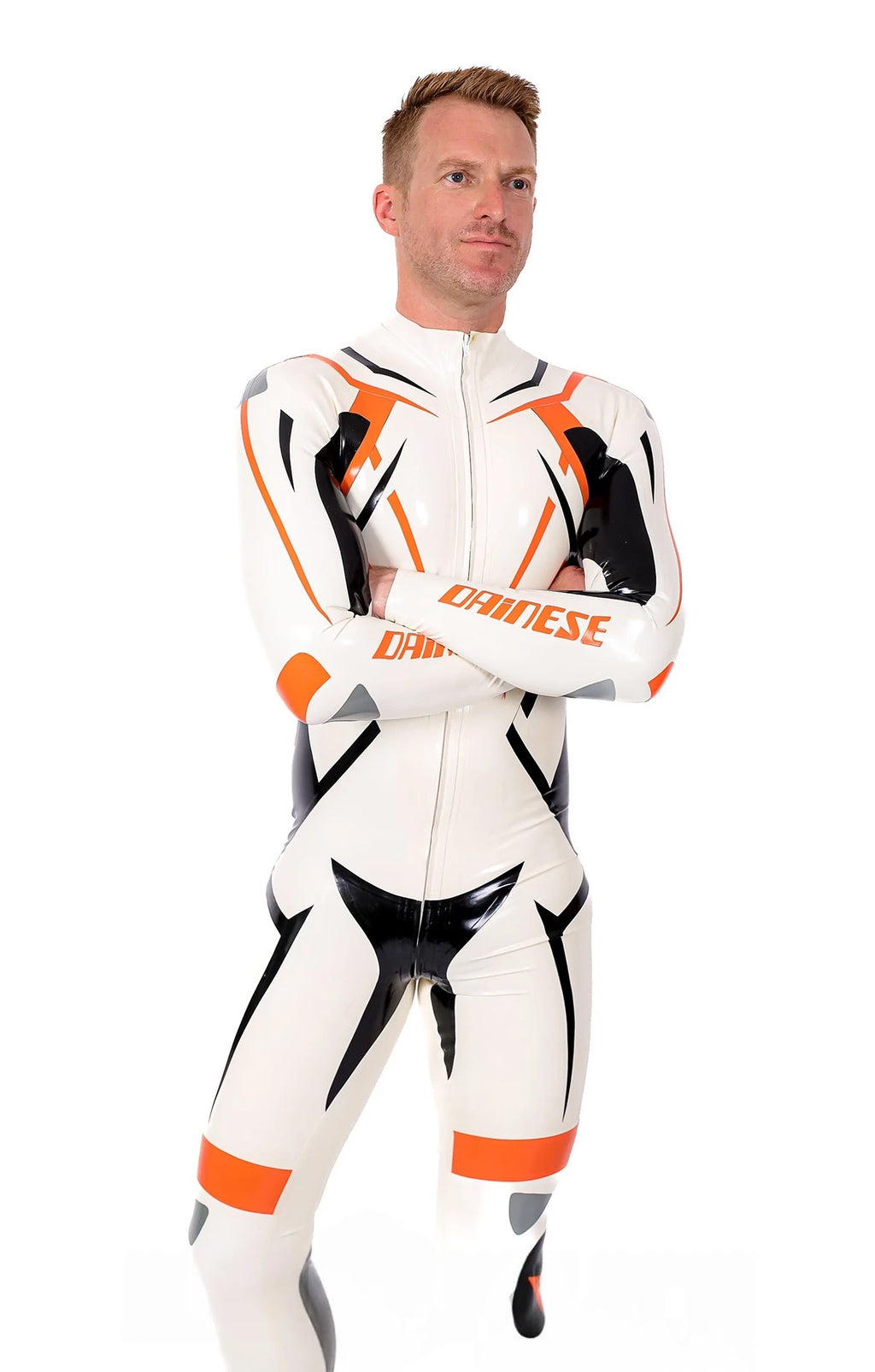 Pure White Male 'MotoGP Circuit' Branded Motorcycle Latex Suit
