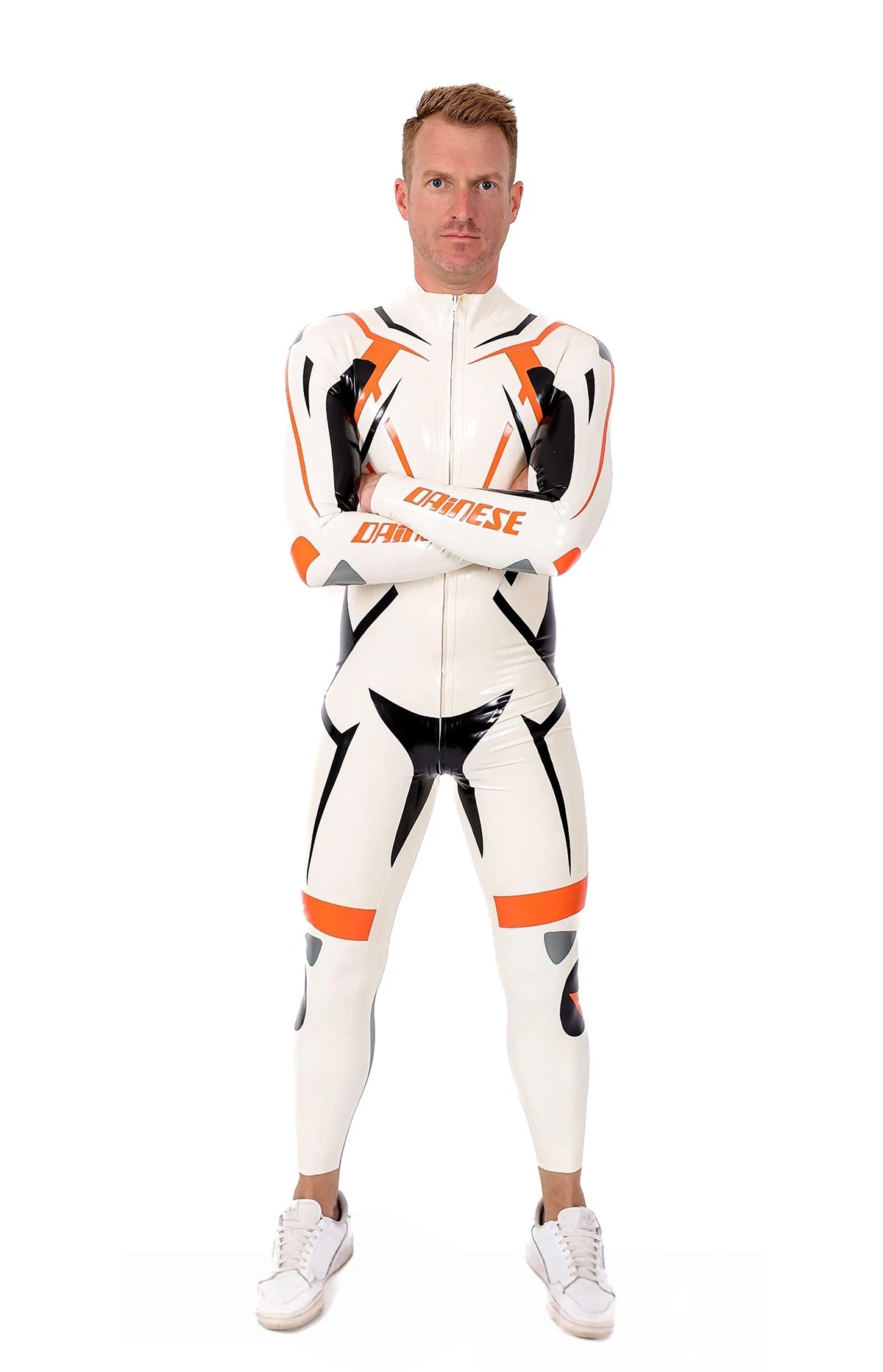 Pure White Male 'MotoGP Circuit' Branded Motorcycle Latex Suit