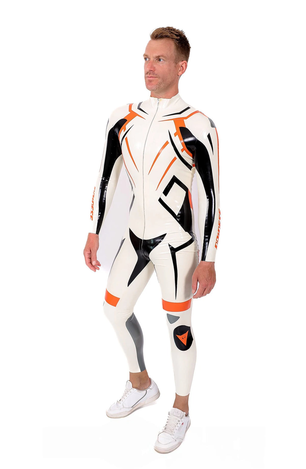 Pure White Male 'MotoGP Circuit' Branded Motorcycle Latex Suit