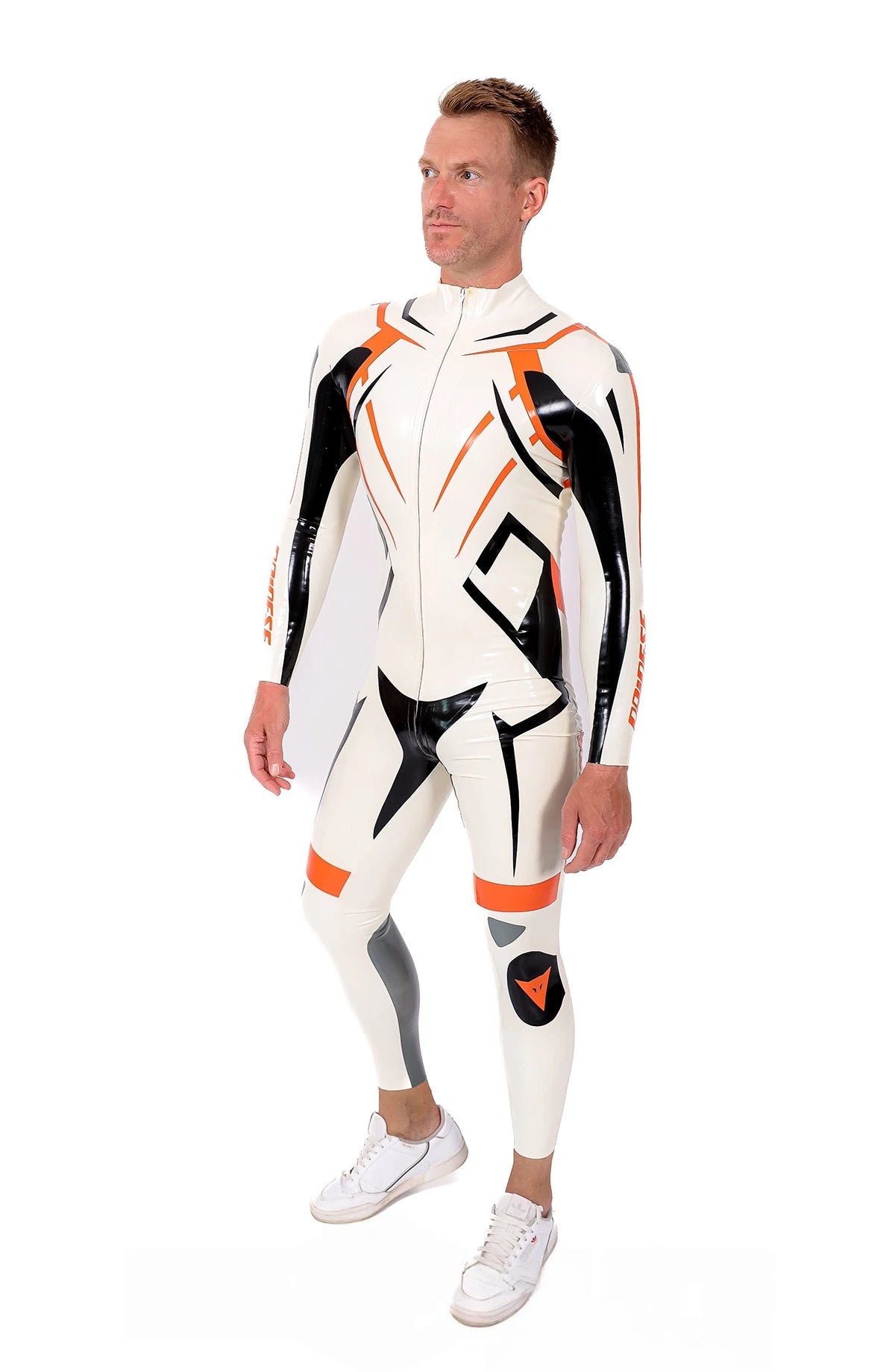 Pure White Male 'MotoGP Circuit' Branded Motorcycle Latex Suit