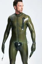 Translucent Olive Male Multi-Use Bondage Codpiece Latex Catsuit