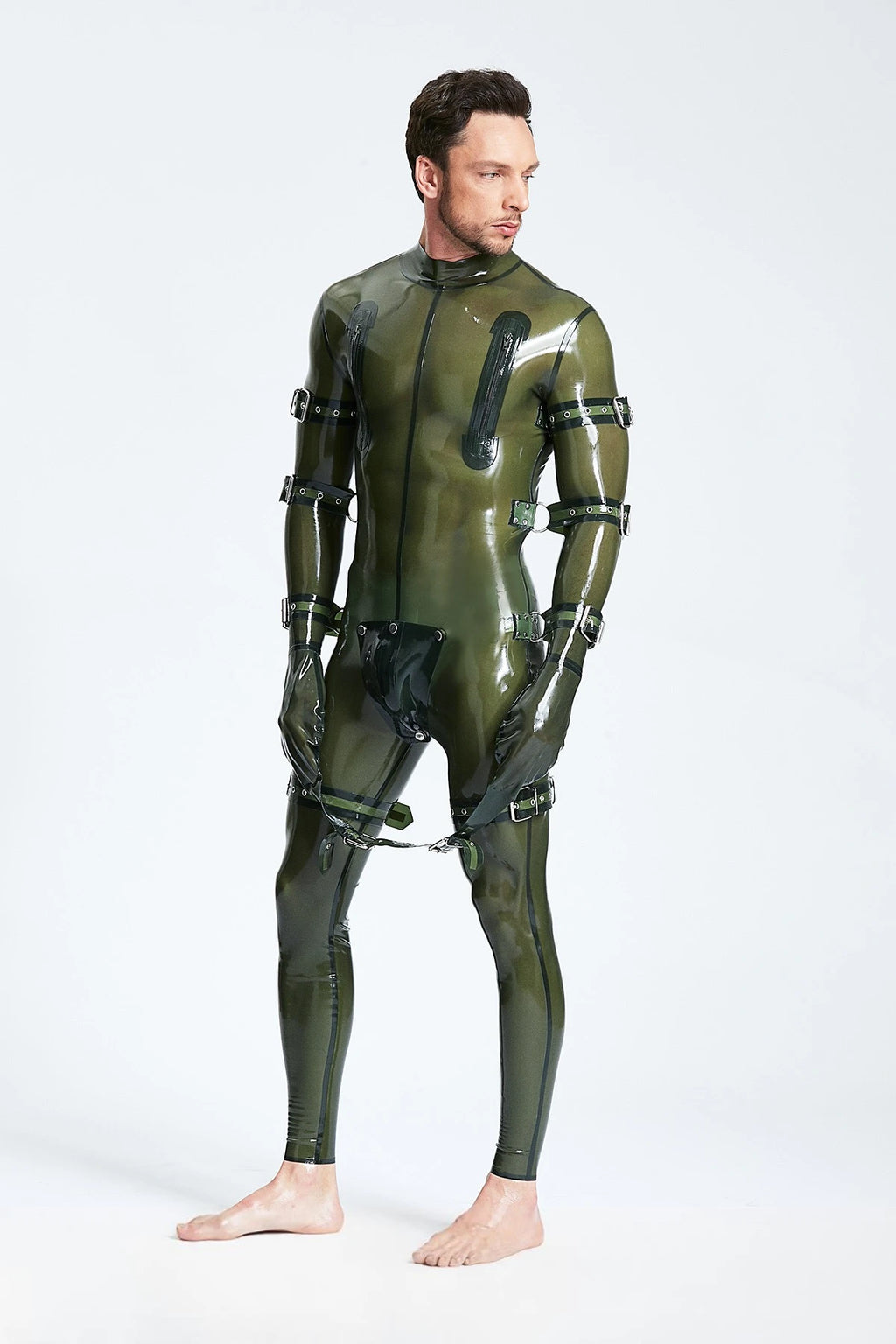 Translucent Olive Male Multi-Use Bondage Codpiece Latex Catsuit