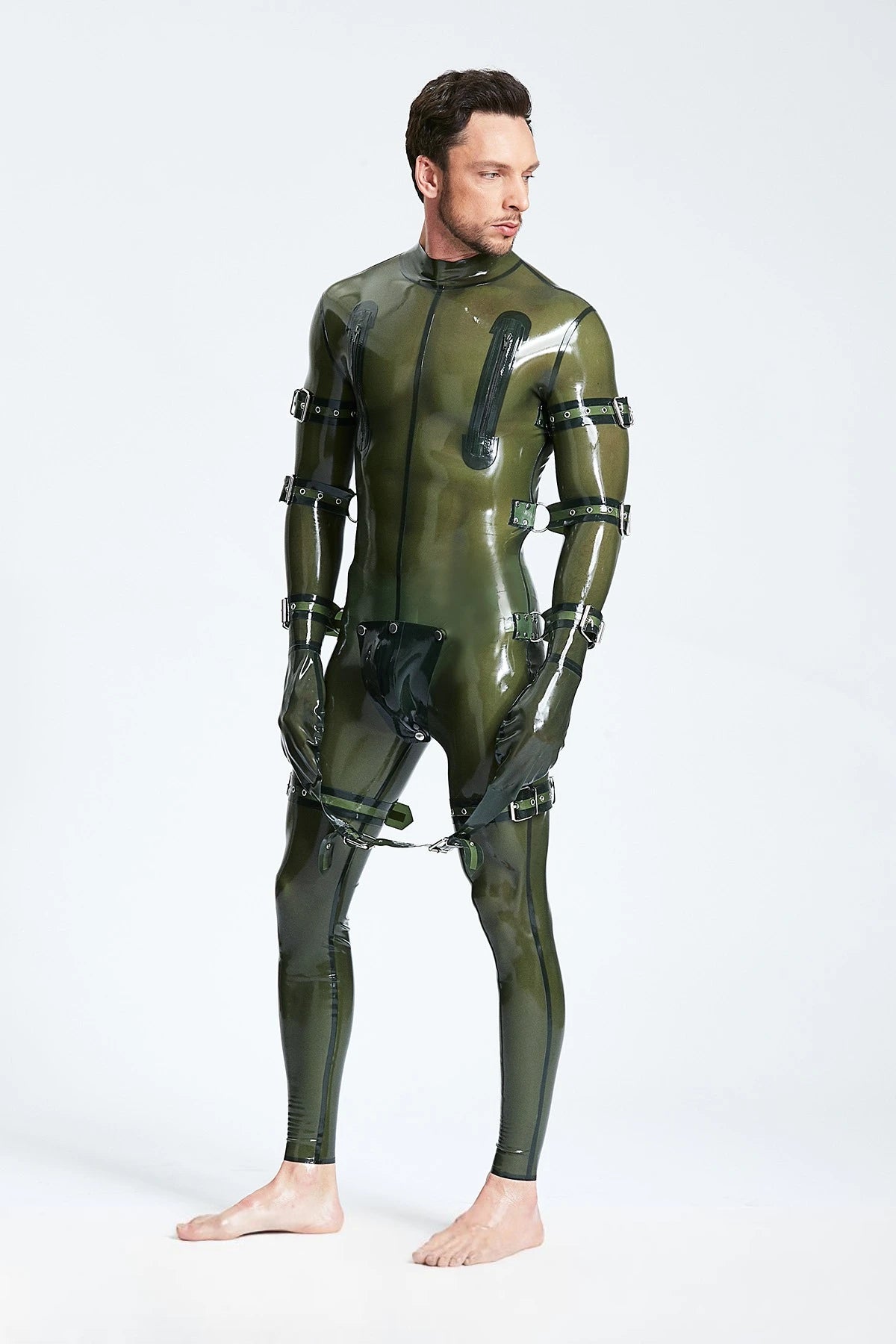 Translucent Olive Male Multi-Use Bondage Codpiece Latex Catsuit