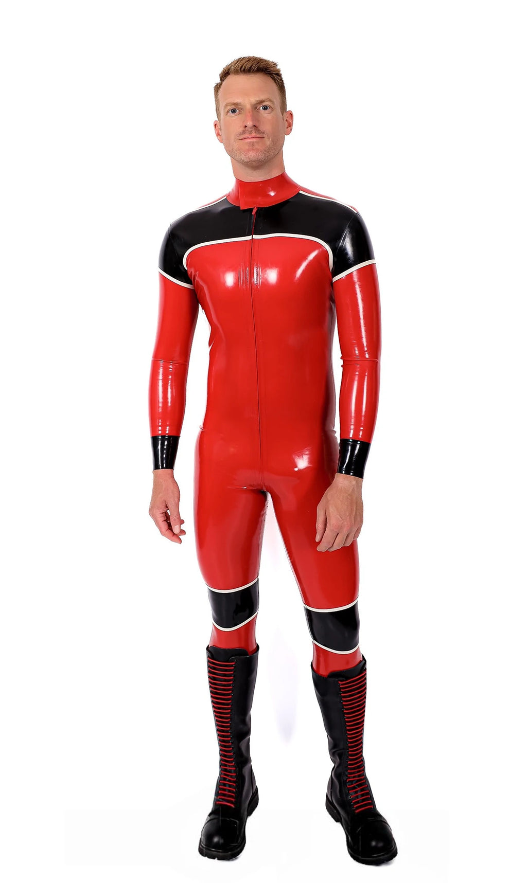 Red Male 'Orbiton' Front-Zip Latex Catsuit