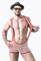 White Male Outstanding Stripes Wrestling Latex Suit