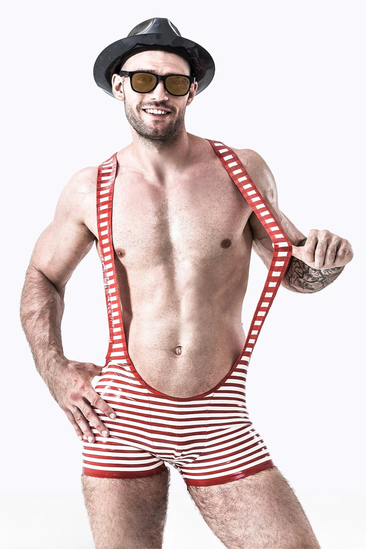 White Male Outstanding Stripes Wrestling Latex Suit