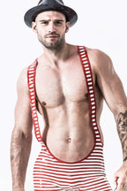 White Male Outstanding Stripes Wrestling Latex Suit