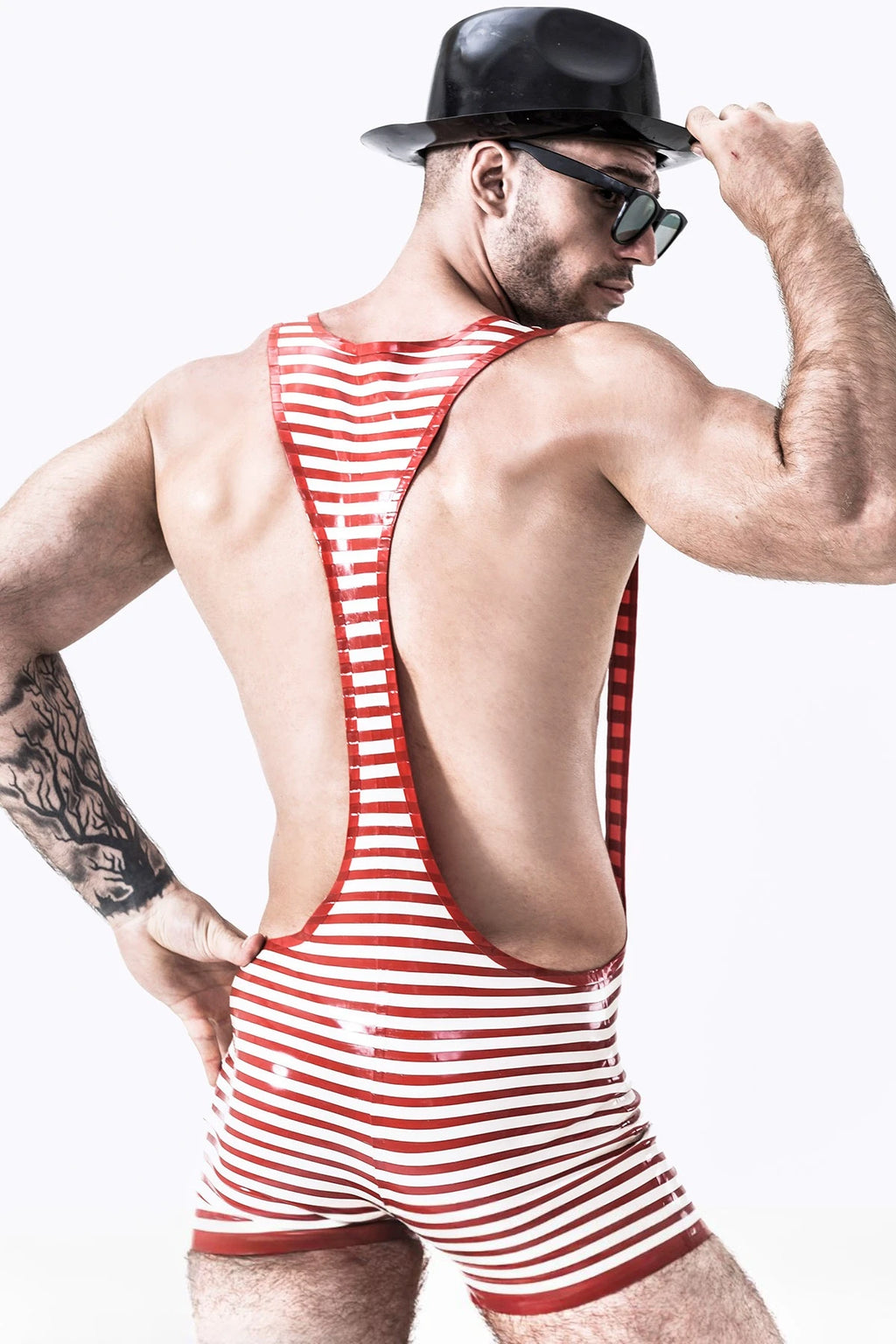 White Male Outstanding Stripes Wrestling Latex Suit