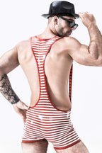 White Male Outstanding Stripes Wrestling Latex Suit