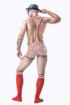 White Male Outstanding Stripes Wrestling Latex Suit