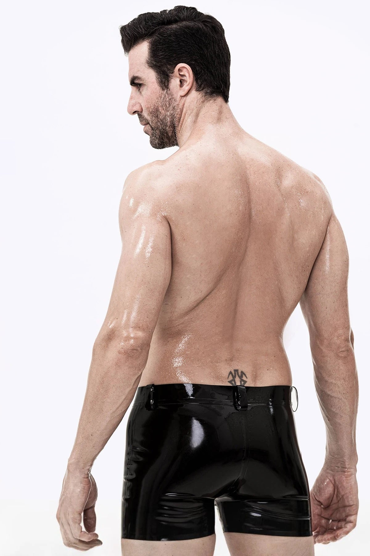 Black Male Latex Sailor-Front Short Shorts
