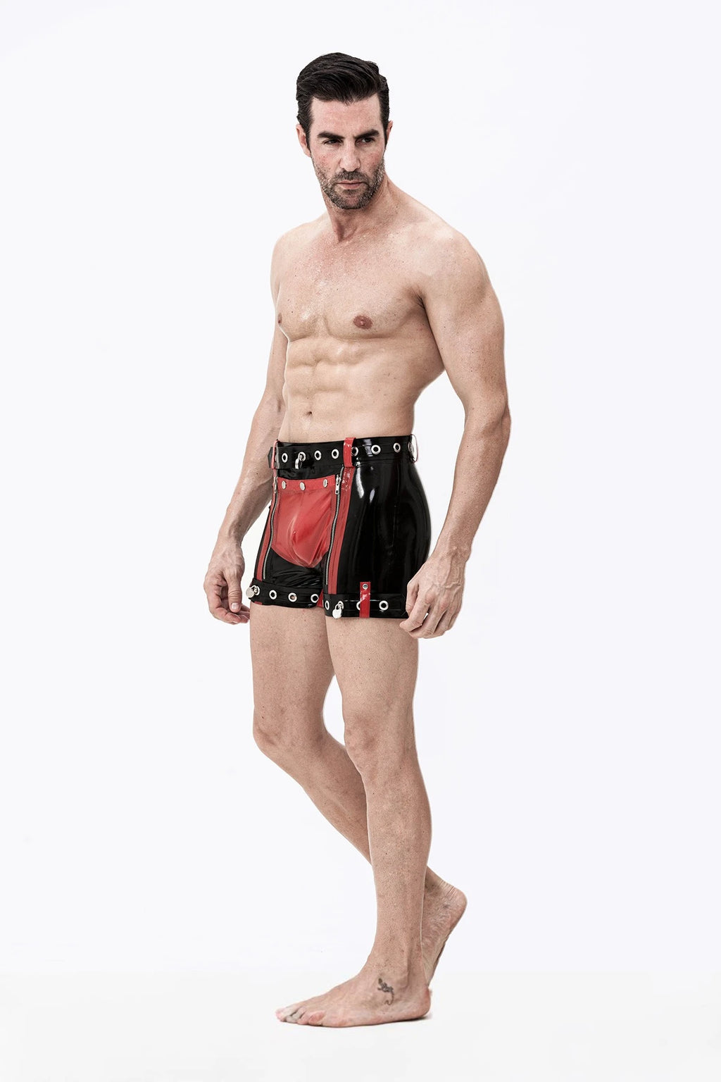 Black Male Latex Sailor-Front Zip Bondage Shorts