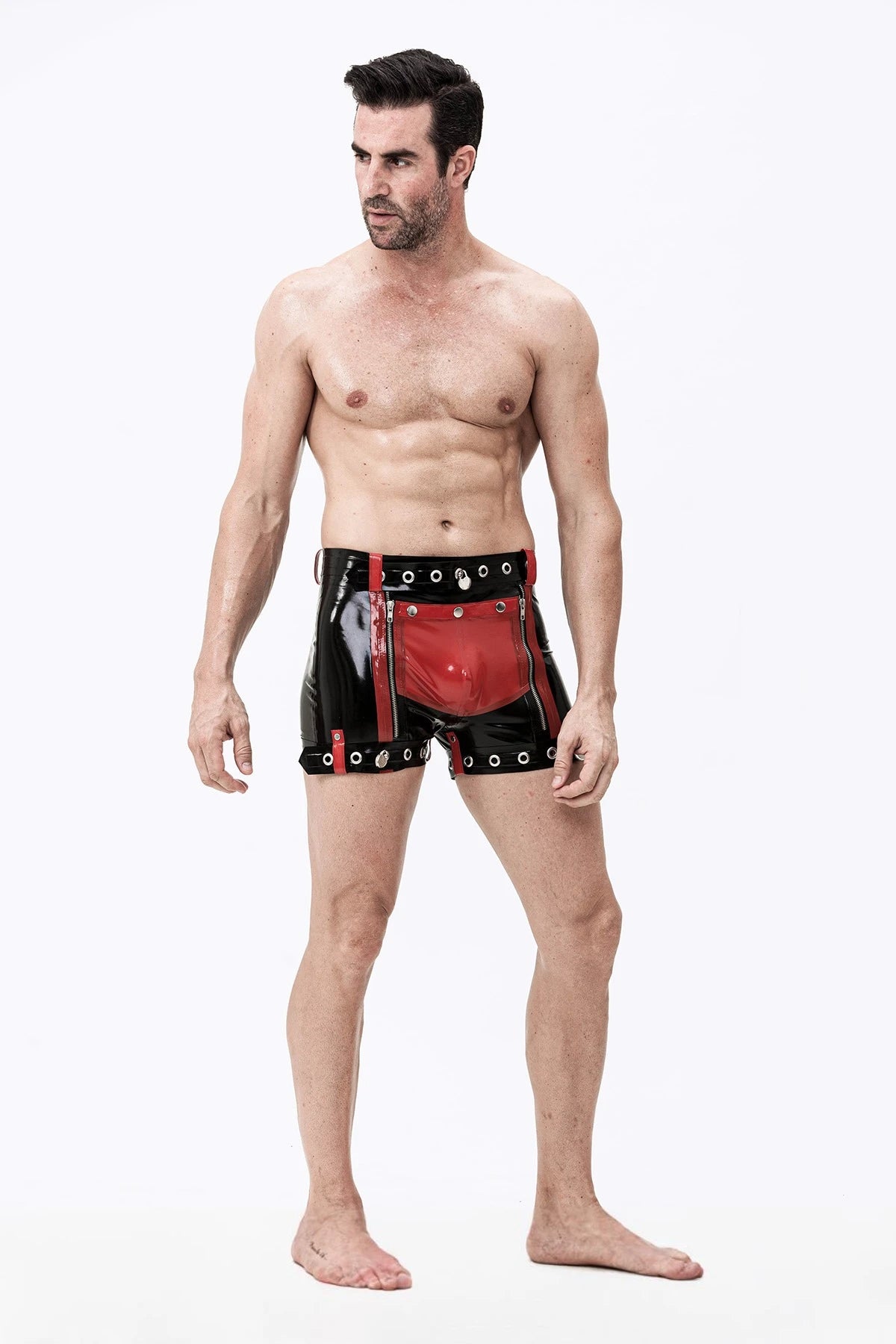 Black Male Latex Sailor-Front Zip Bondage Shorts
