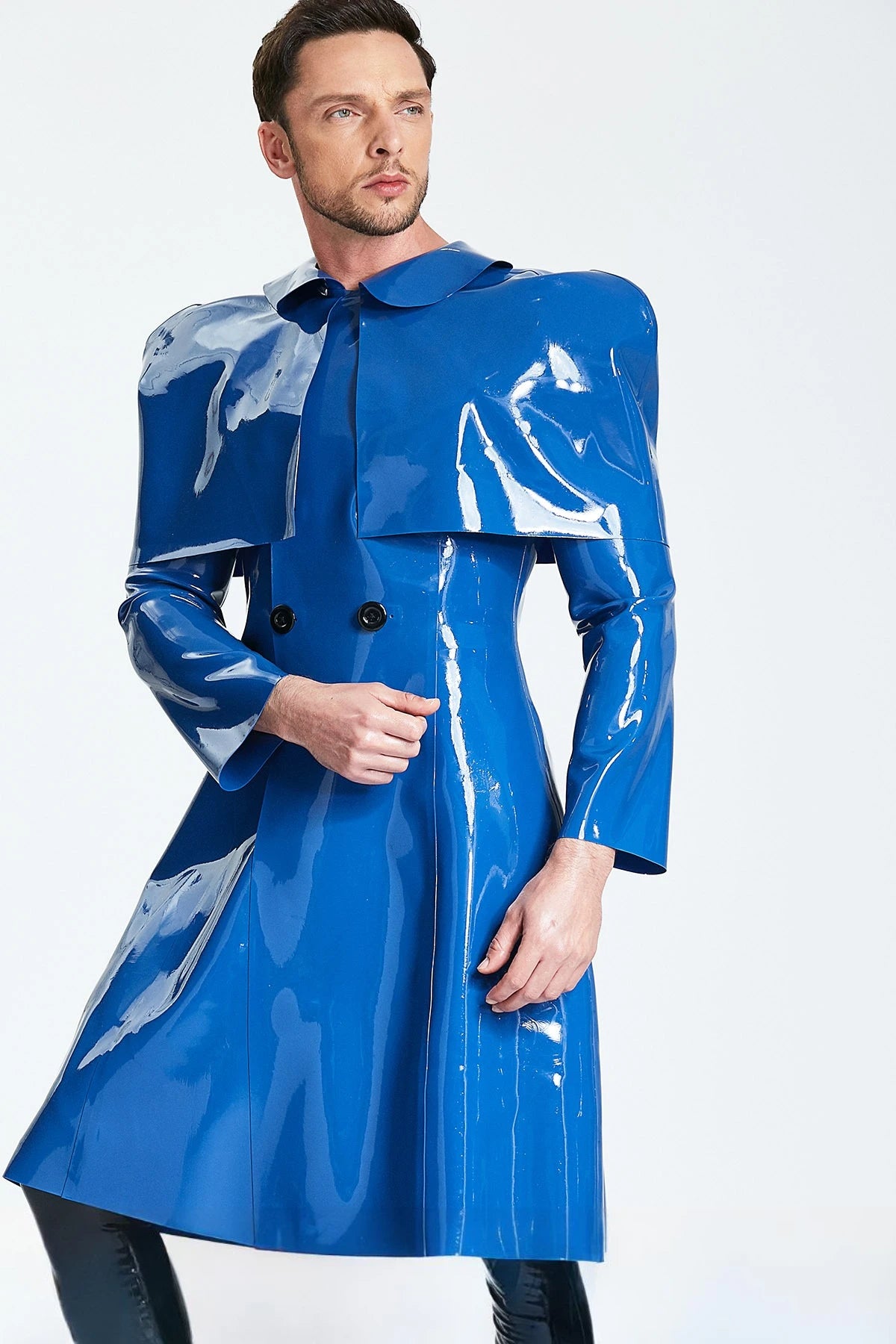 Middle Blue Male 'Sherlock' Half-Caped Latex Raincoat