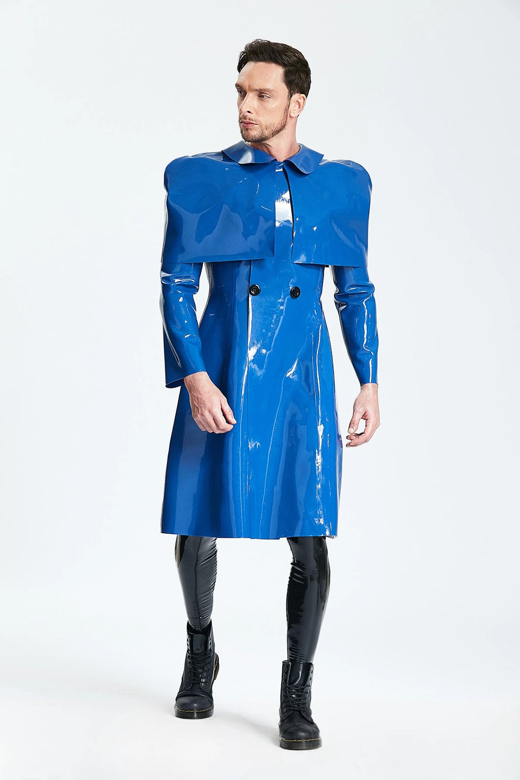 Middle Blue Male 'Sherlock' Half-Caped Latex Raincoat