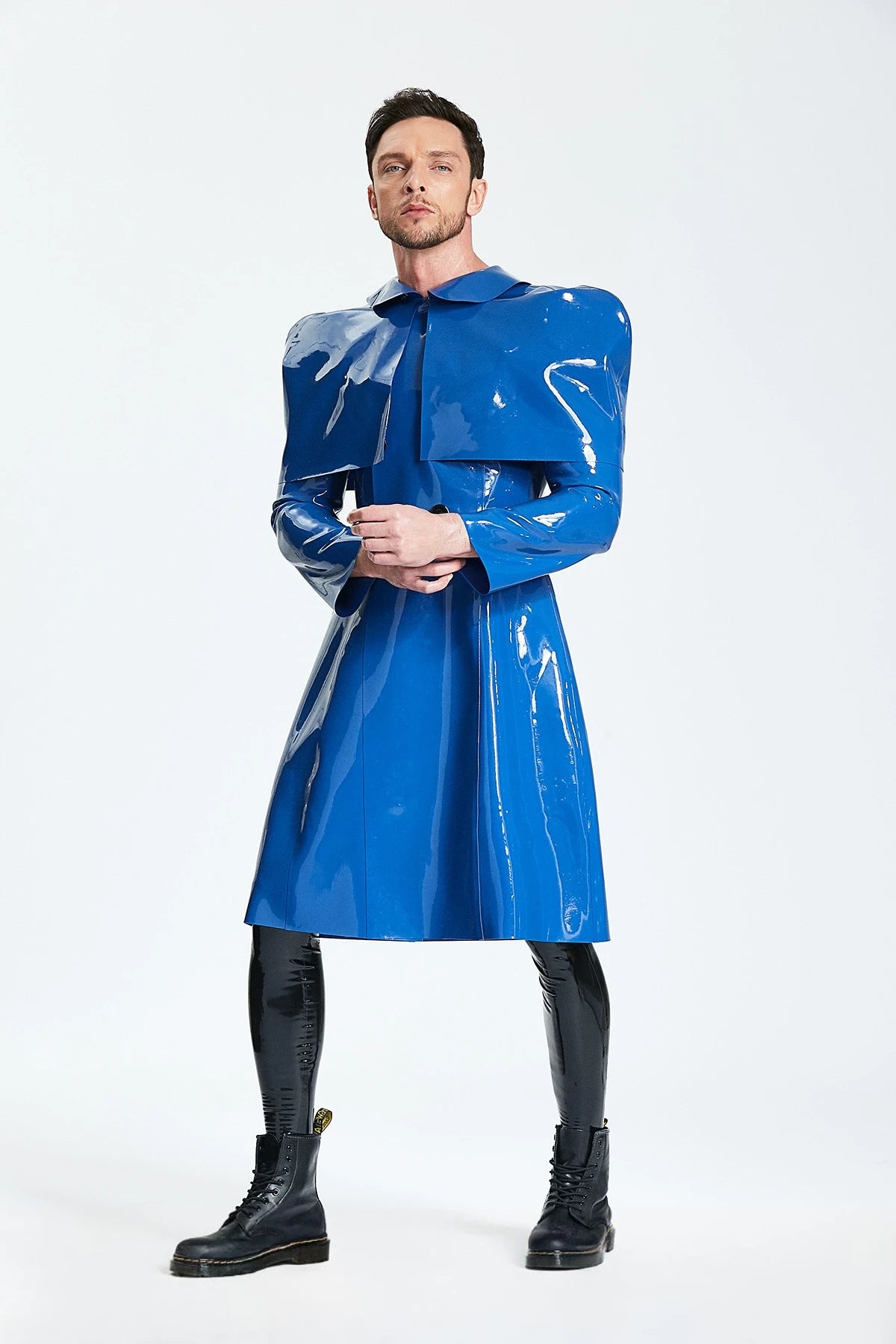 Middle Blue Male 'Sherlock' Half-Caped Latex Raincoat