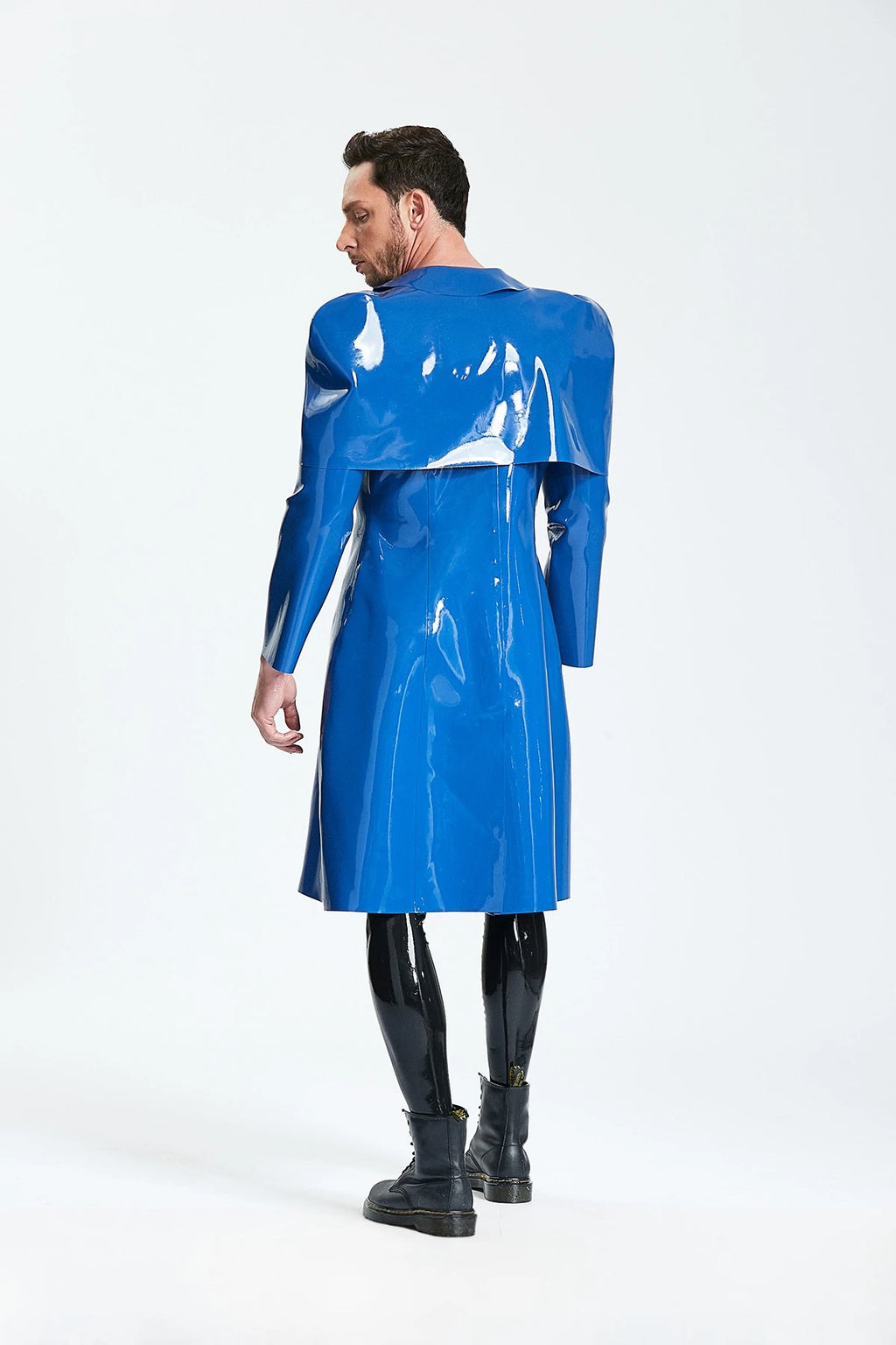 Middle Blue Male 'Sherlock' Half-Caped Latex Raincoat