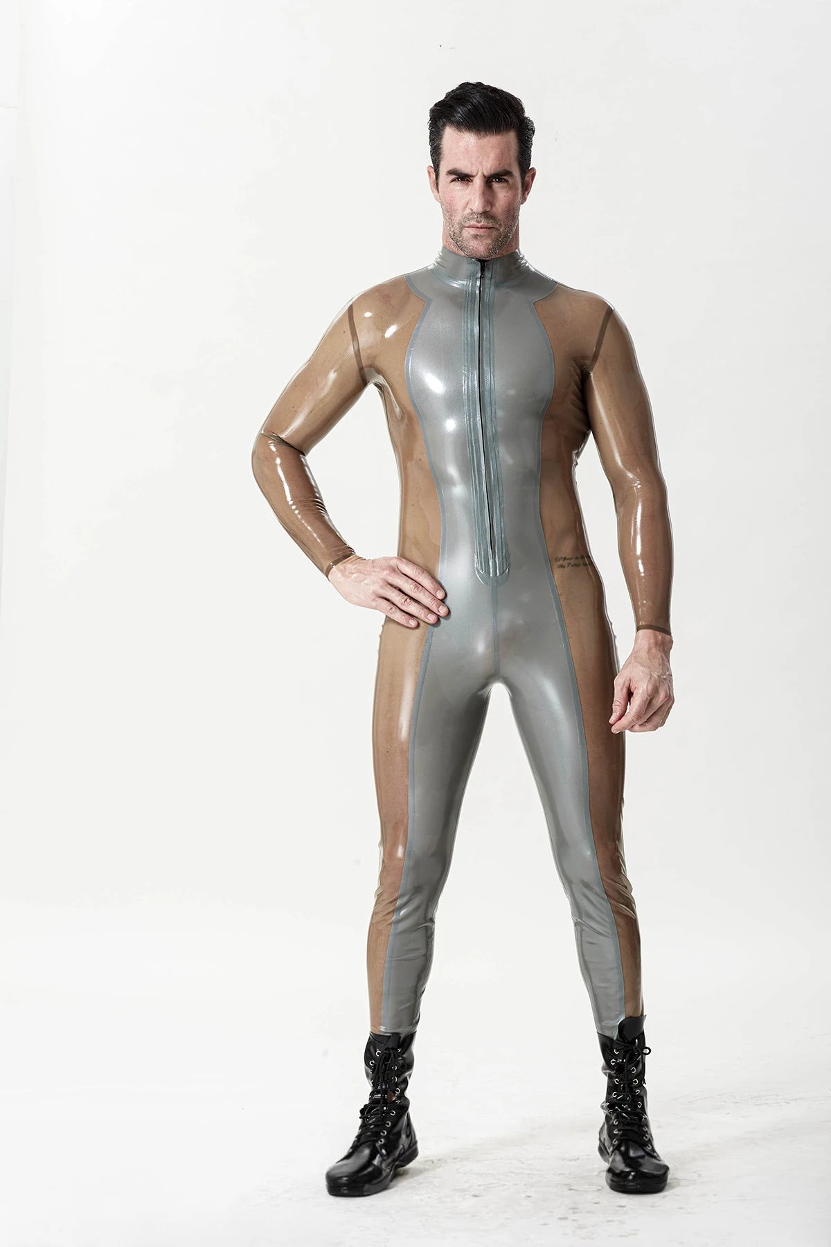 Metallic Silver Male 'Silver Sleek' Front-zip Latex Catsuit