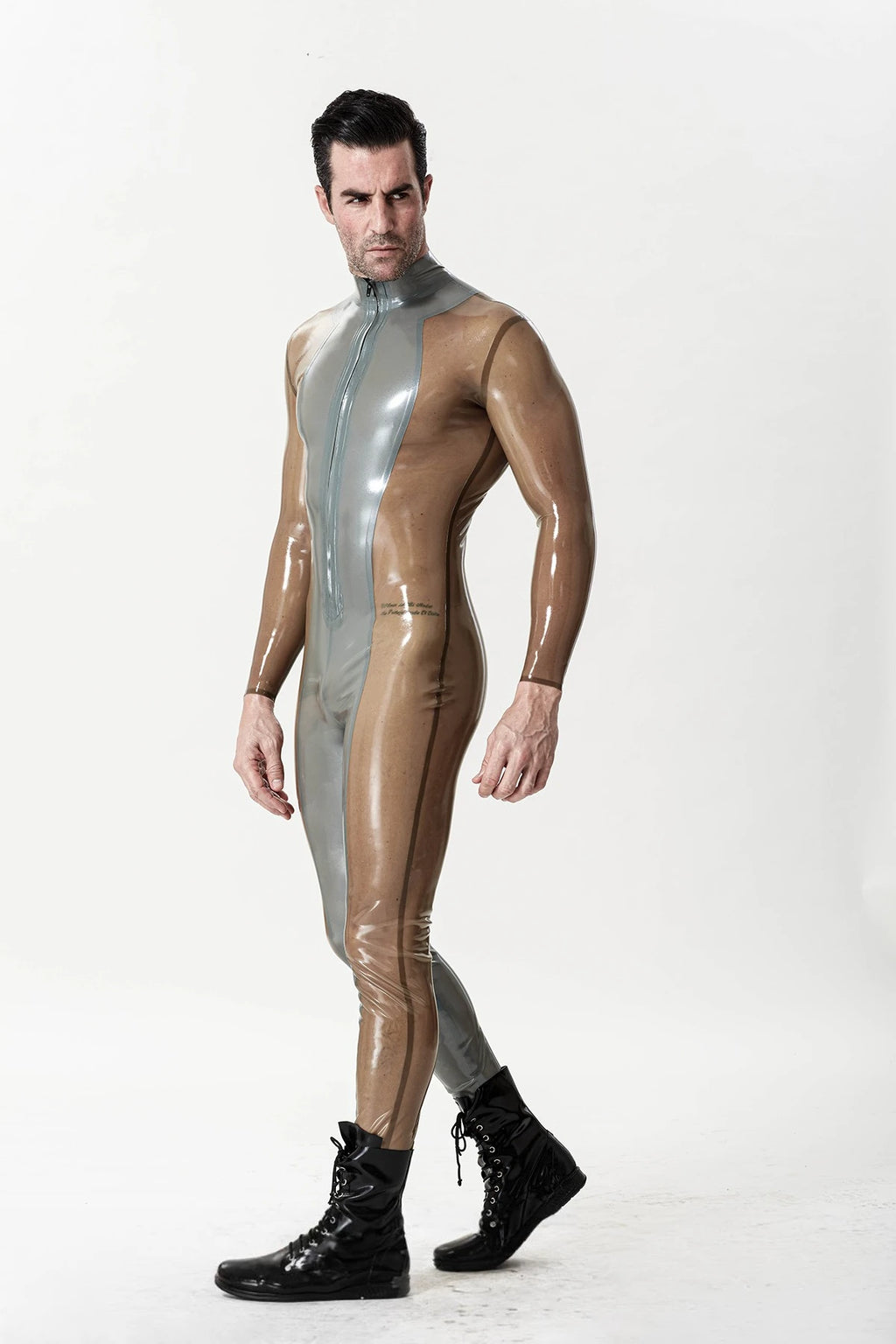 Metallic Silver Male 'Silver Sleek' Front-zip Latex Catsuit