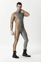 Metallic Silver Male 'Silver Sleek' Front-zip Latex Catsuit