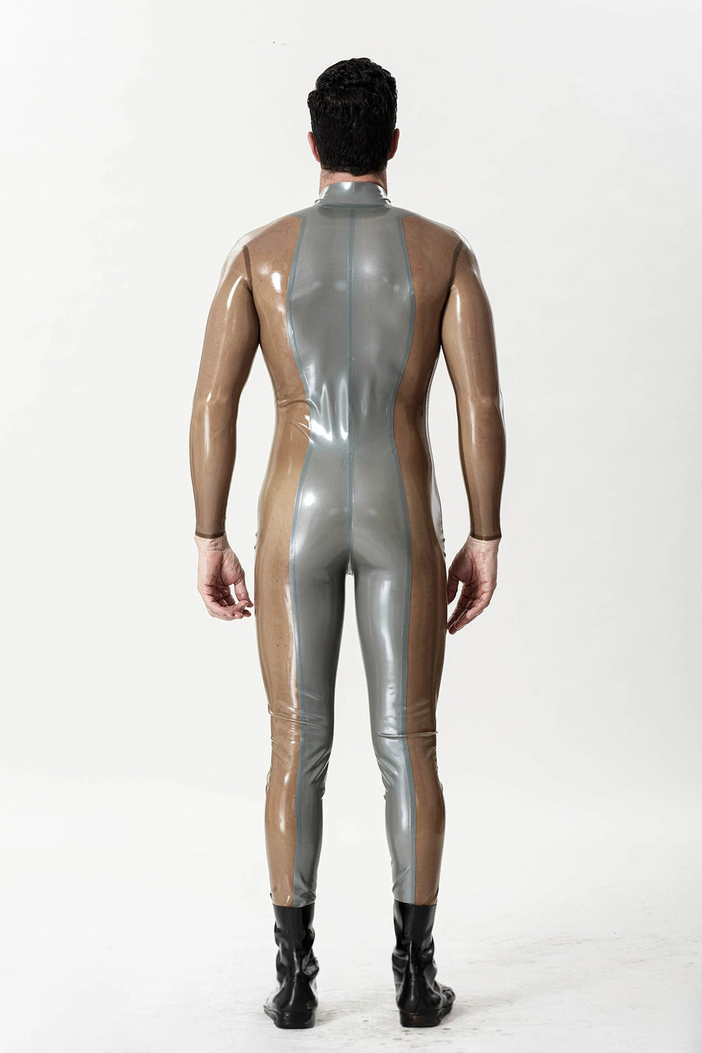 Metallic Silver Male 'Silver Sleek' Front-zip Latex Catsuit