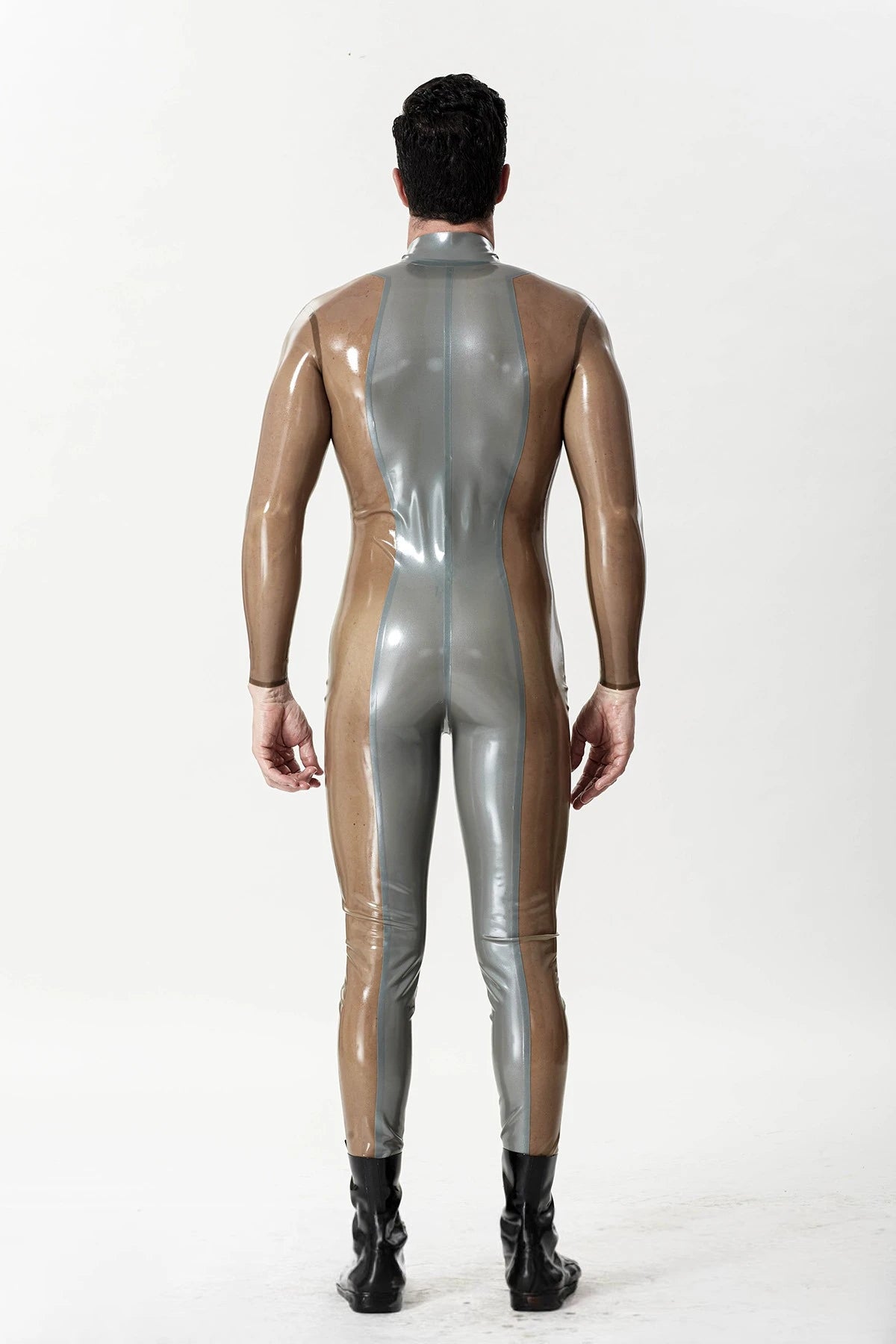 Metallic Silver Male 'Silver Sleek' Front-zip Latex Catsuit
