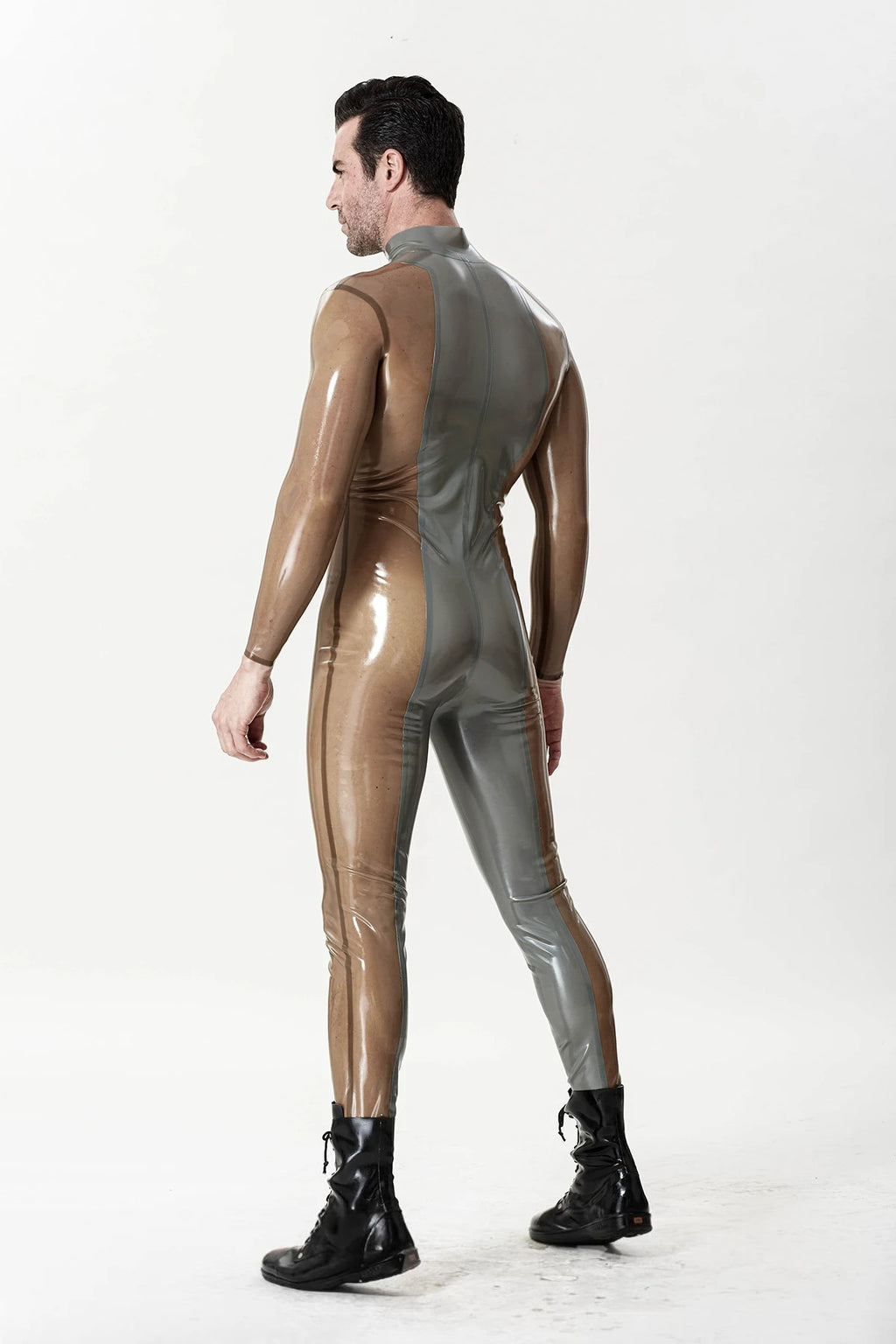 Metallic Silver Male 'Silver Sleek' Front-zip Latex Catsuit