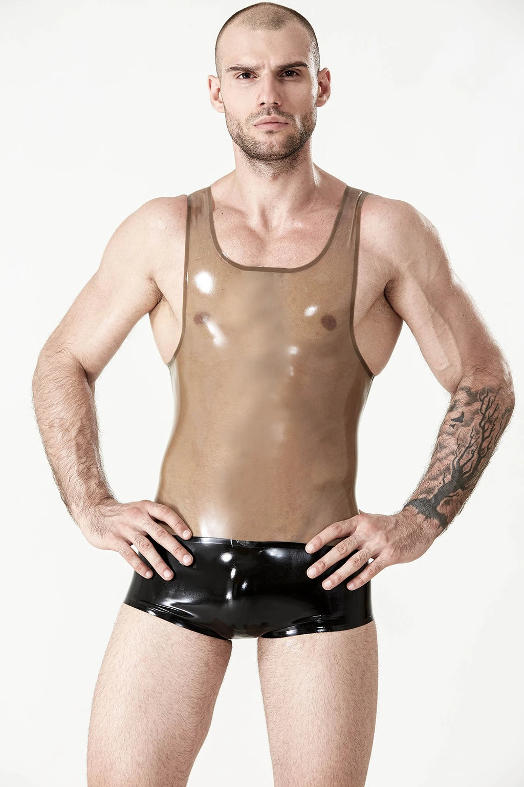 Translucent Grey Male Singlet Pattern Latex Leotard