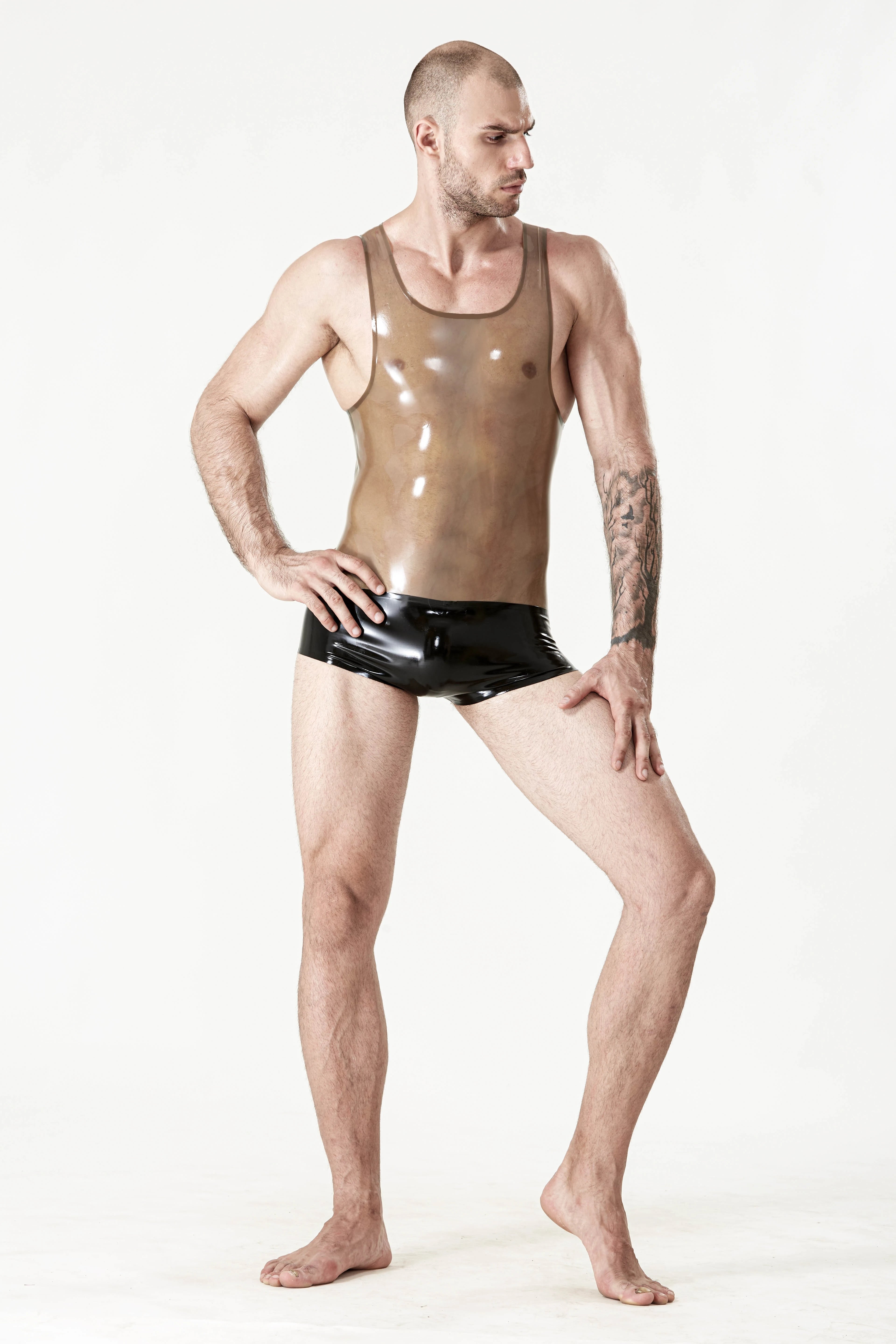 Translucent Grey Male Singlet Pattern Latex Leotard