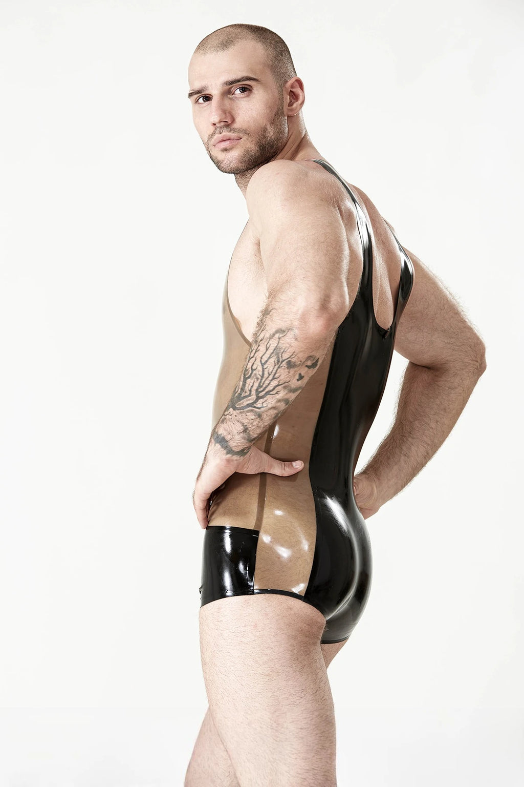 Translucent Grey Male Singlet Pattern Latex Leotard