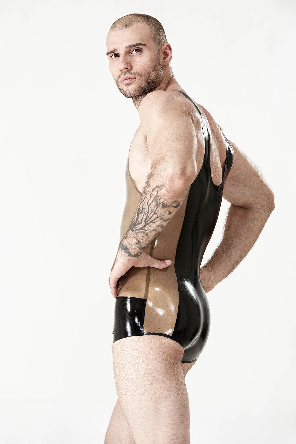 Translucent Grey Male Singlet Pattern Latex Leotard