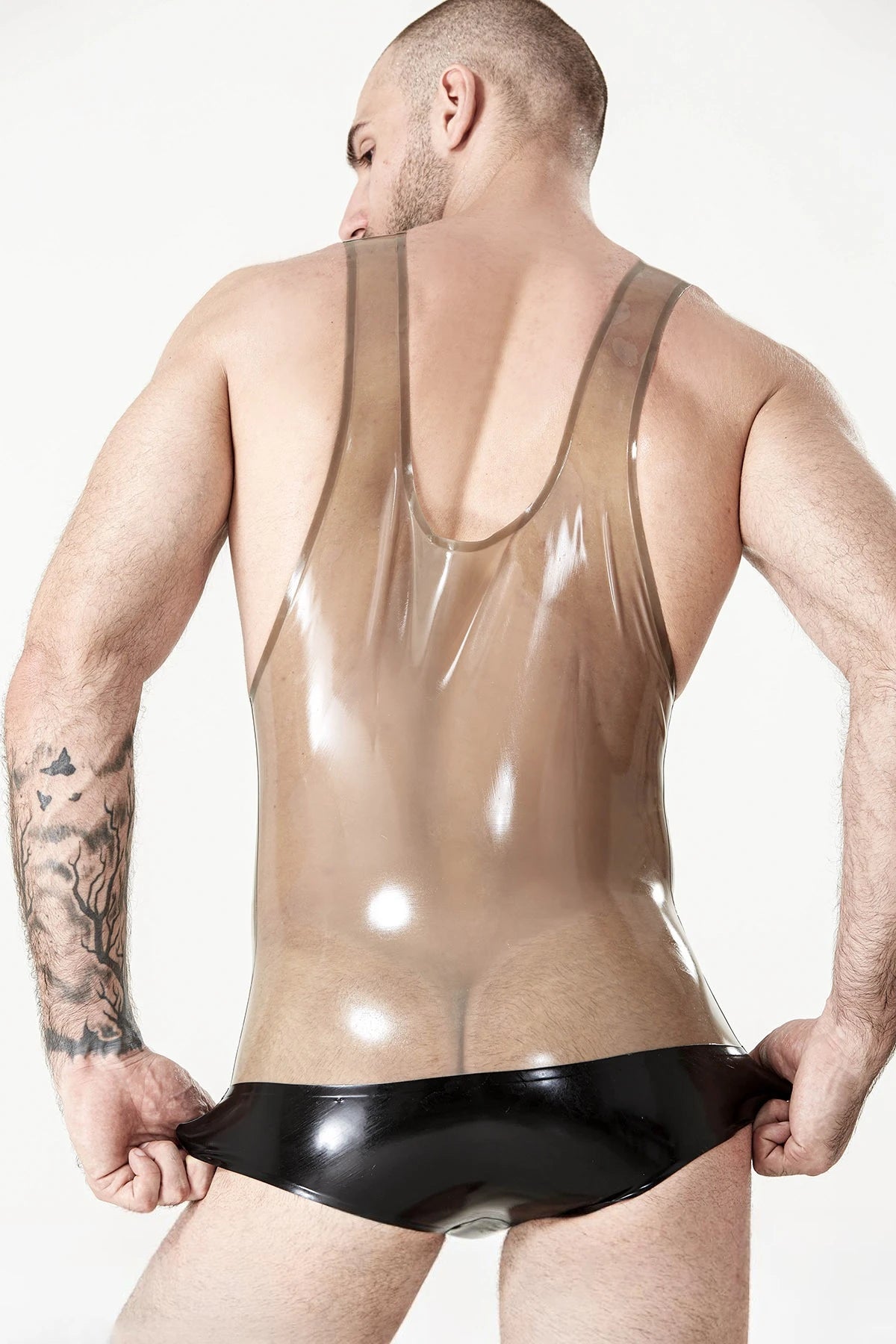 Translucent Grey Male Singlet Pattern Wrestling Latex Suit