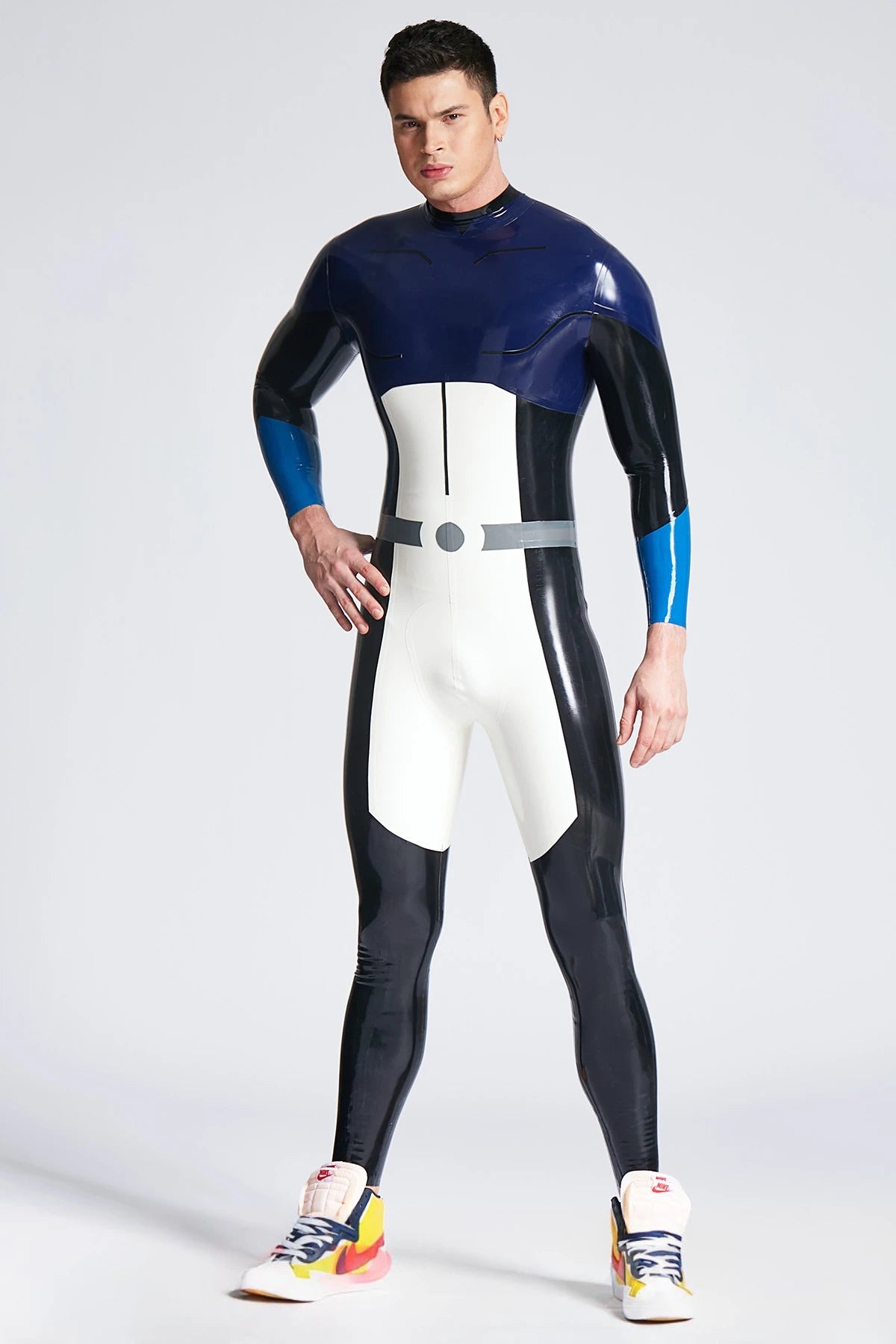 Dark Blue Male 'Skylar' Back Zipper Latex Catsuit